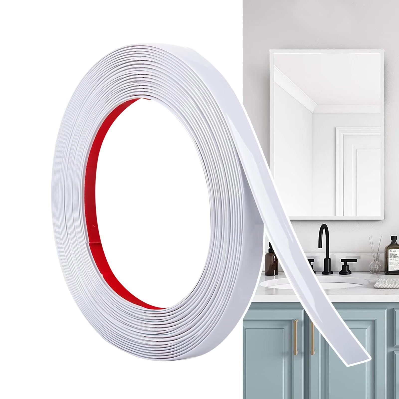 Hengrongshen Self Adhesive Moulding Trim Matte White (12M x 1.5cm) Flexible PVC Peel and Stick Wall Trim Decorative Edge Strip for Wall, Tile, Mirror, Window, Cabinet, Bathroom, DIY Trim