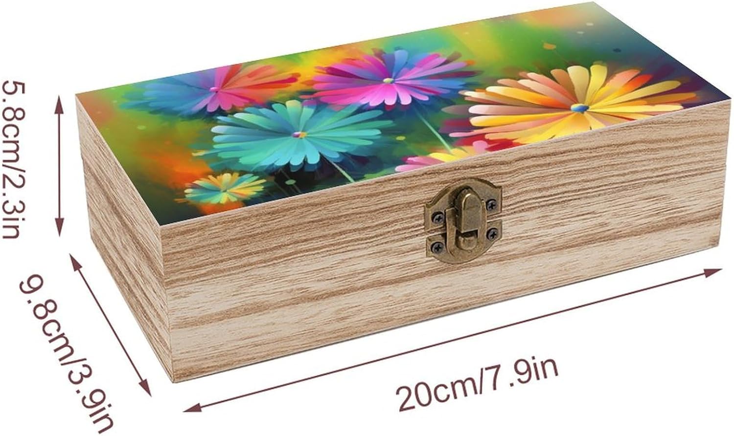 Abstract Style Colorful Flowers Memory Jewelry Wooden Box, Large Wooden Treasure Chest Boxes with Hinged Lid, Photos Storage Case for Women Men, Wooden Keepsake Box, 7.9'' X 3.9'' X2.3''