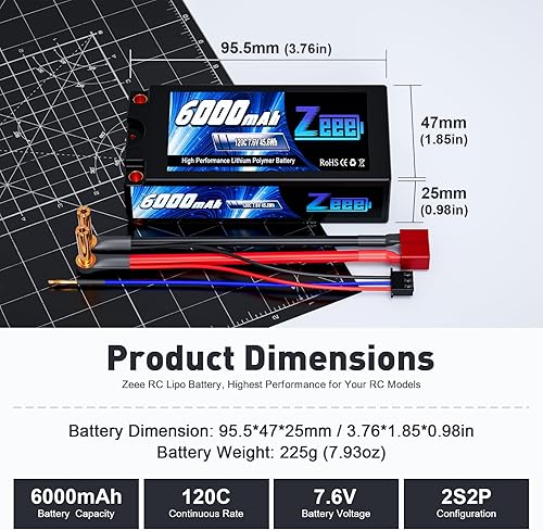Miniatura 2 de Zeee 2S Shorty Lipo Battery 6000mAh 7.6V 120C Estuche rígido con conector bala a T de 0.197 in, batería de alto voltaje para vehículos RC escala