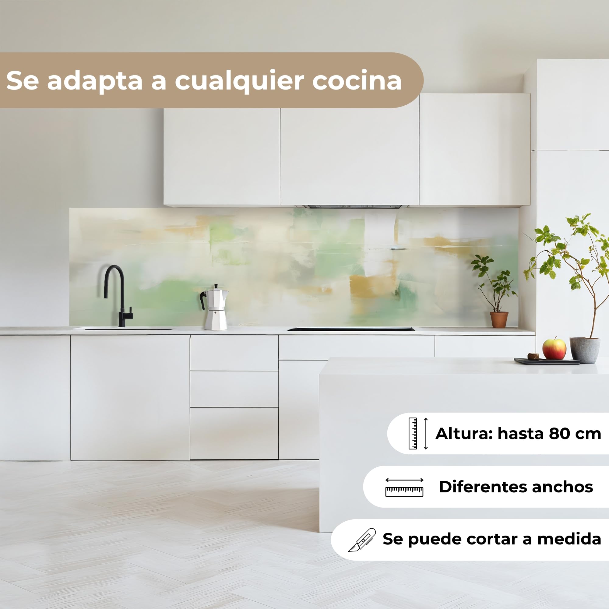KitchenYeah© Antisalpicaduras Cocina 80x300 cm Adhesivo Salpicadero Protector Salpicaduras Kitchen Abstracto - Arte - Blanco - Verde - Moderno