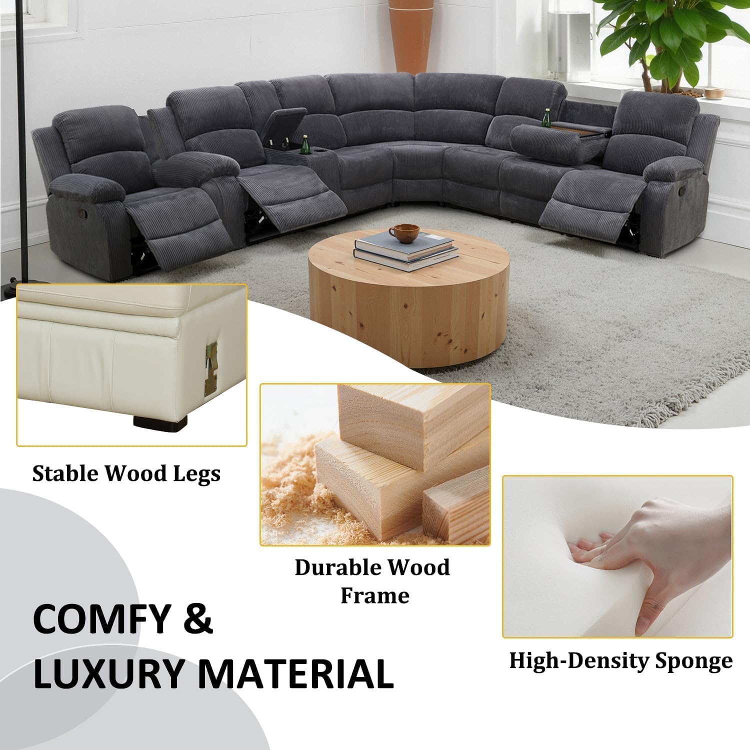 Corduroy Fabric Recliner Sectional Couch, 6 Seat Living Room Furniture, Manual Reclining L Shaped Sectional Sofa for Living Room with Cup Holders&Drop Down Table (Dark Grey)