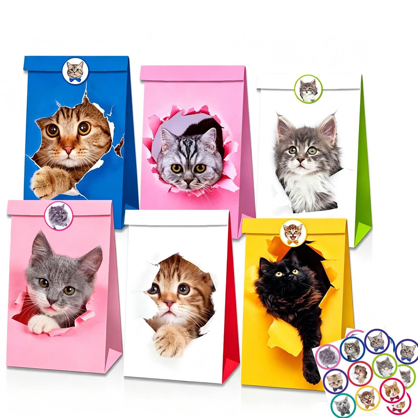 12Pcs Paper Party Bags for Kids Party, 22x12x8cm Pet Cat Small Gift Bag Candy Goodie Treat Bags with 18 Stickers for Girls Boys Birthday Pet Cat Theme Parties Bag favours Presents