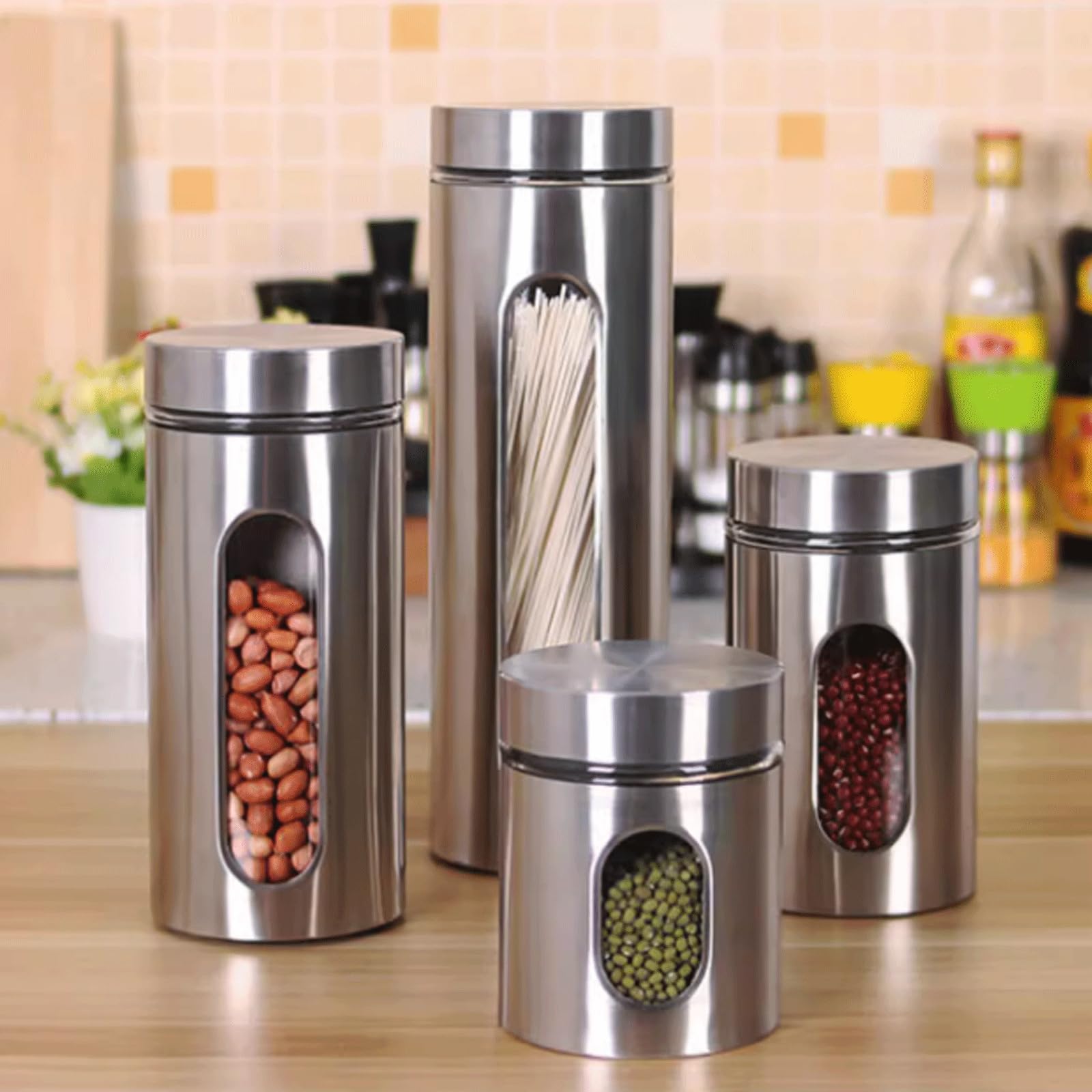 4 Stück robuster Vorratstank aus Edelstahl für Kaffeebohnen, luftdichter Vorratstank für die Küche, Keksdose, Trockenwarenbehälter Dosen-Sets