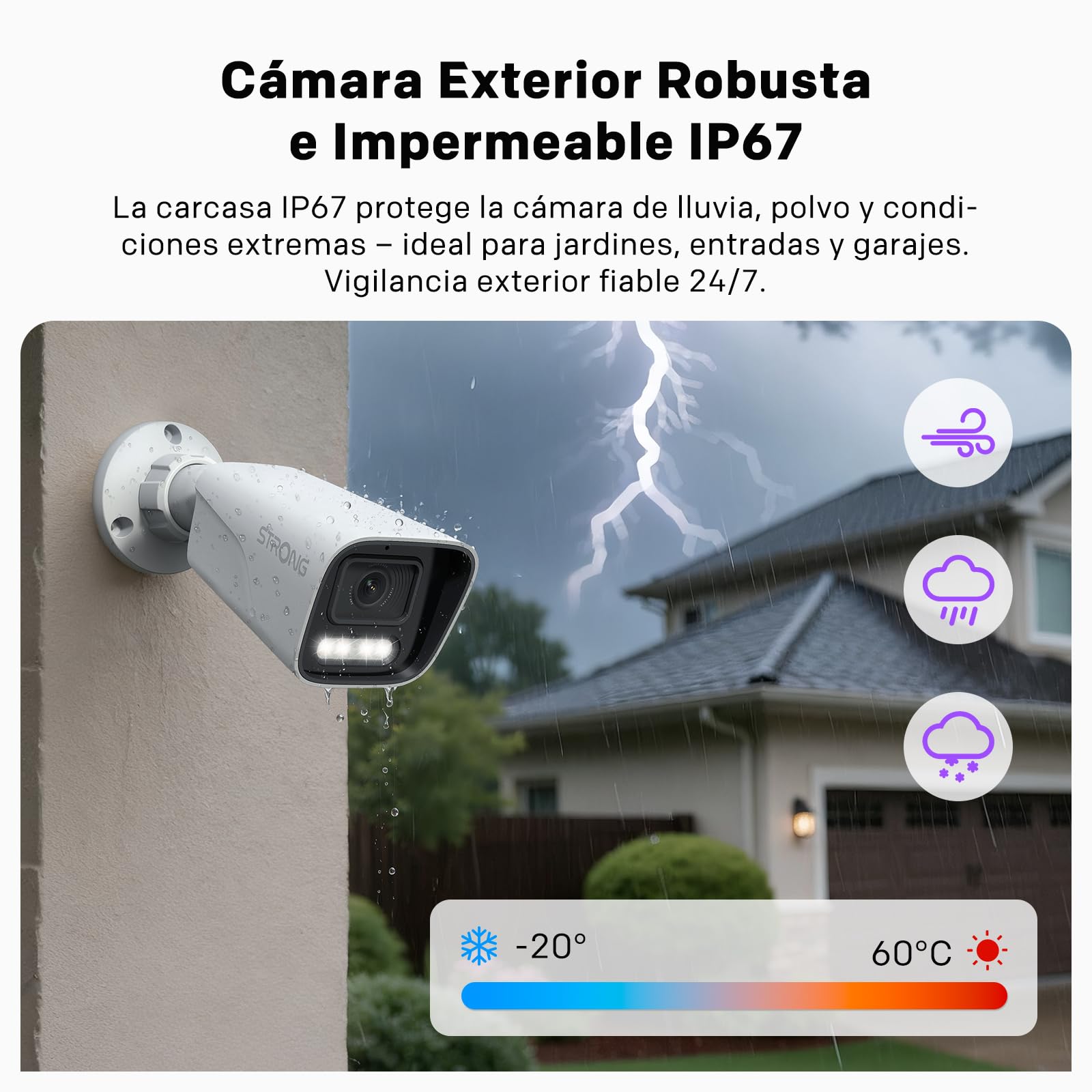 Strong Cámara Exterior 3K 5MP, Cámara Seguridad PoE con Detección Movimiento/Humana, Visión Nocturna Avanzada, Alertas de Vehículos, IP67 Impermeable, Micrófono, Grabación NVR/Cloud, Control por App