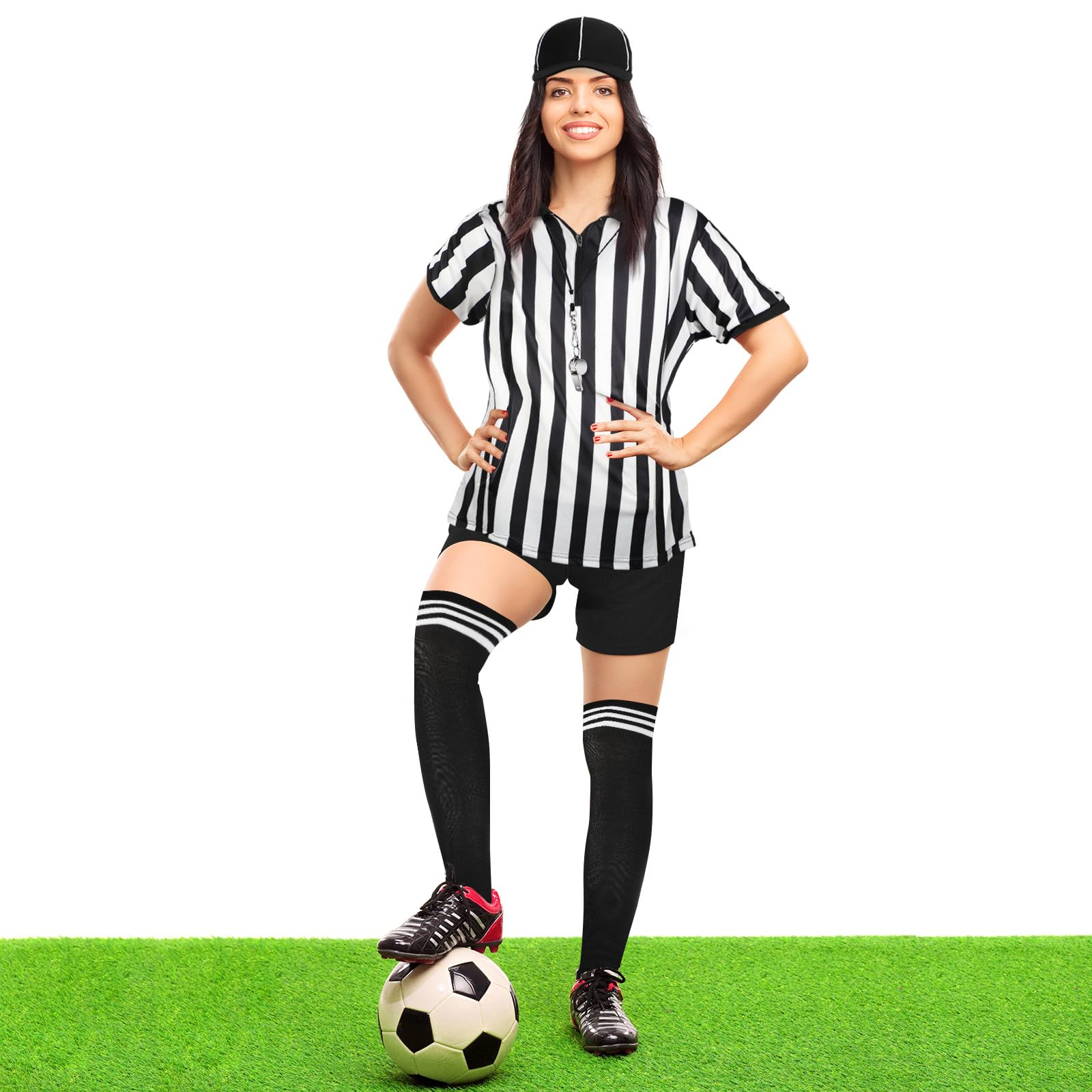Schiedsrichter-Kostüm für Damen, schwarz-weiß gestreift, Ref. Shirt, Jersey, Shorts, Schiedsrichterhut für Karneval, Party, Halloween, Cosplay, Party