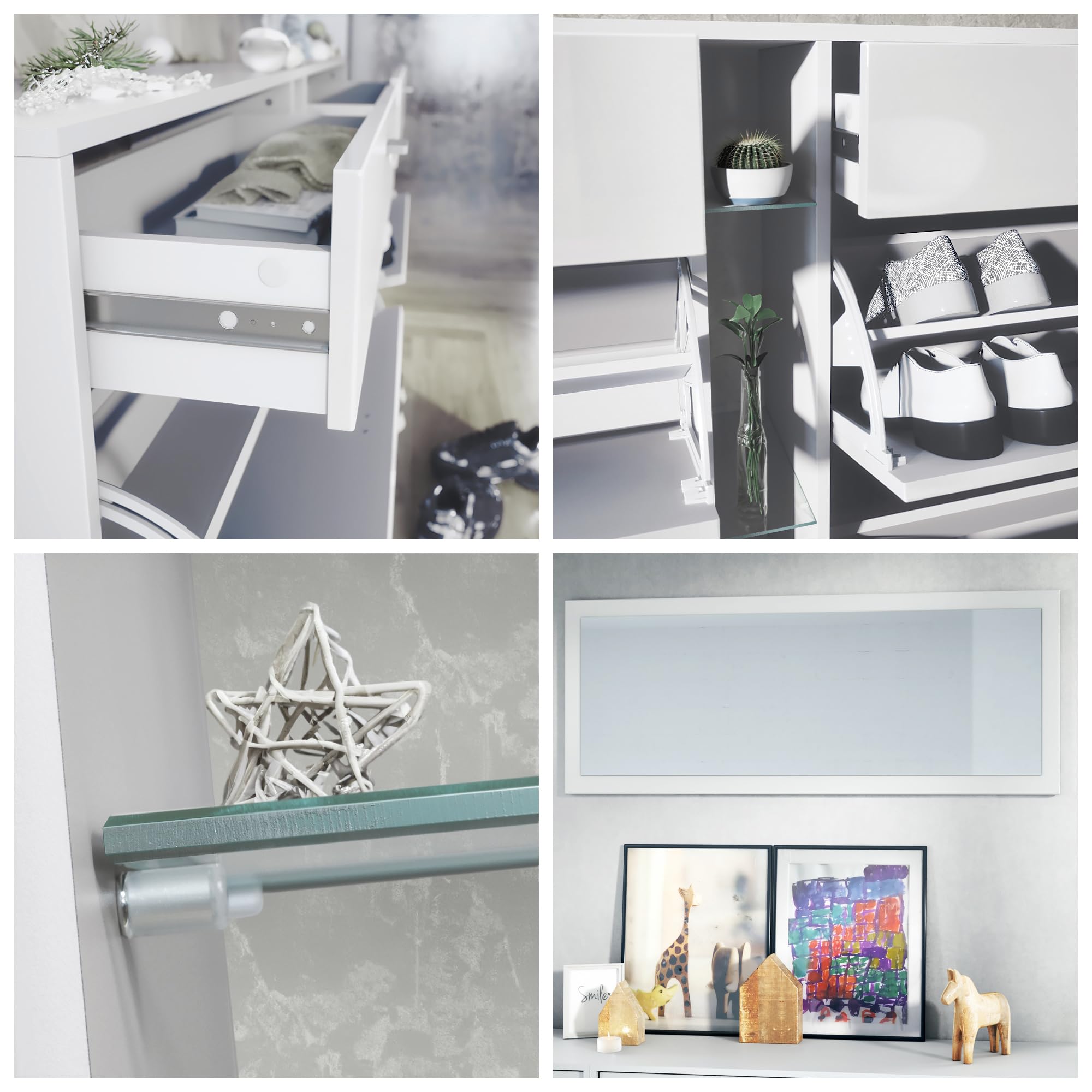 Vladon Set Guardaroba Orlando con scarpiera, Pannello a Muro e Specchio a Parete, Bianco Opaco/Grigio Sabbia Lucido