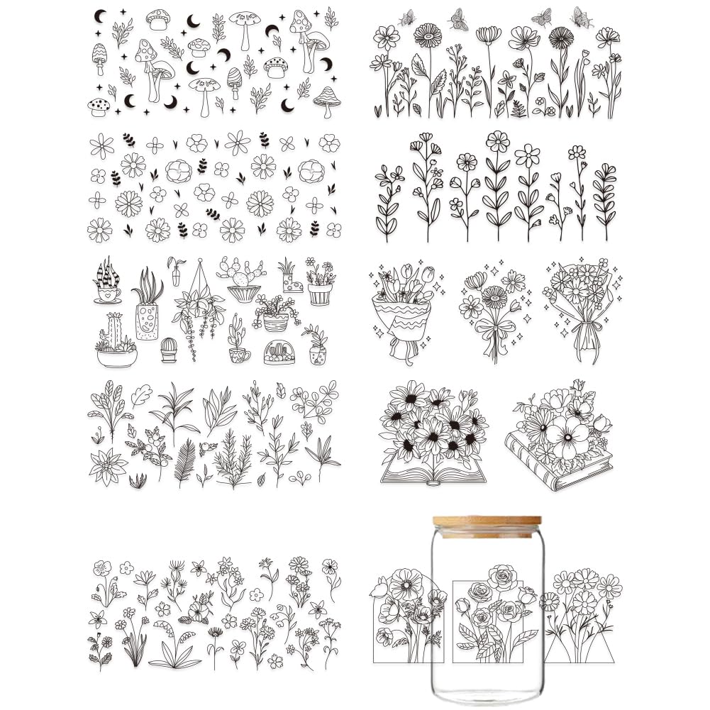 GOMAKERER 10 Sheets Flower UV DTF Cup Wrap Transfer Stickers, Plant Rub on Transfers Decal PVC Waterproof Wildflower Vintage Cup Transfer Decoration for DIY Bottles Drink Jam Cake Container