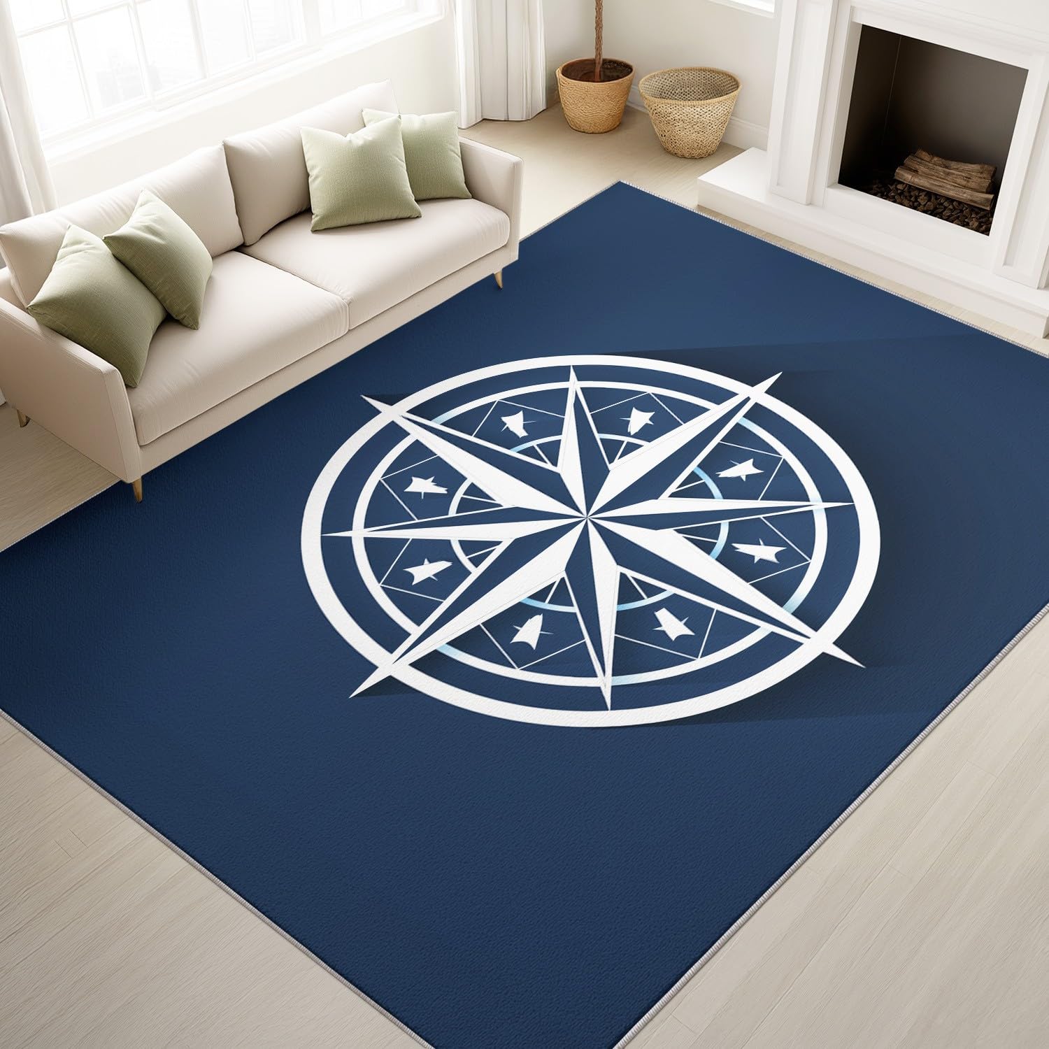 Tapis antidérapant et lavable 120x180 cm motif boussole bleu pour salon