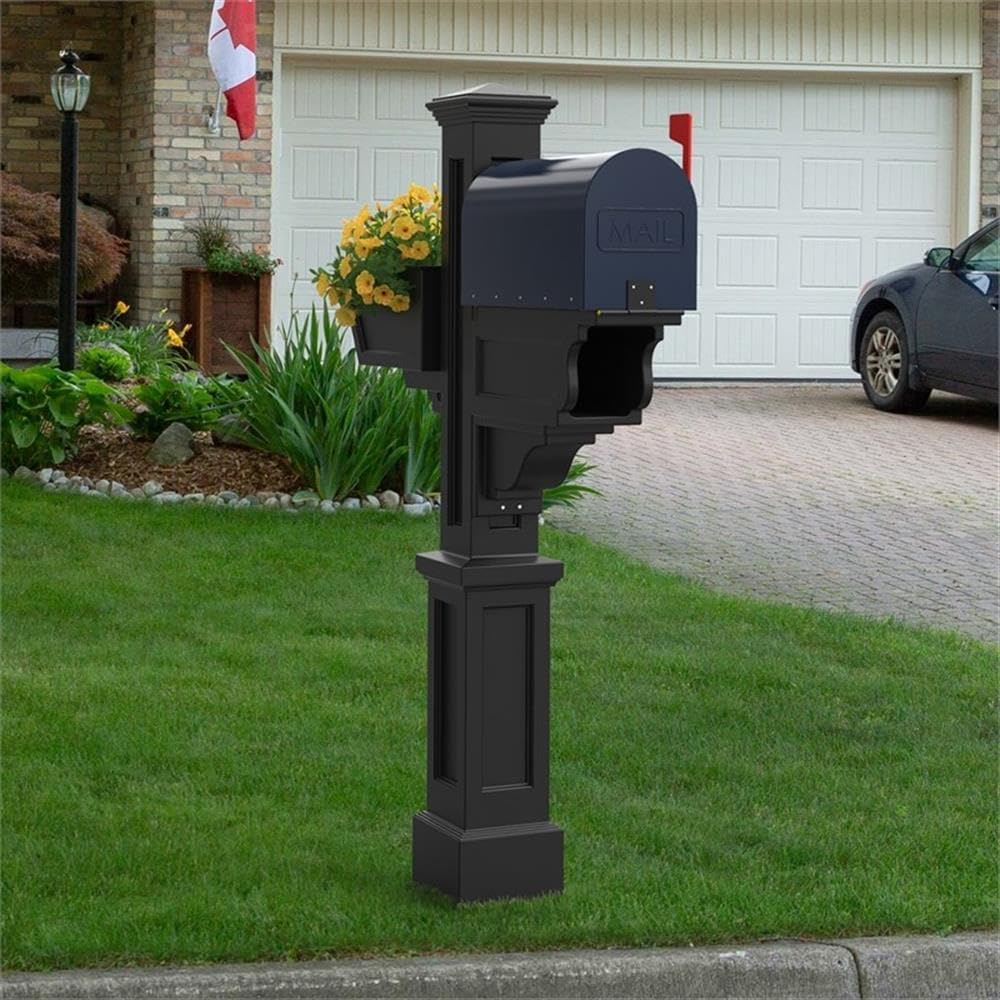 Pemberly Row Weatherproof Traditional Plastic Mail Post, Black Finish, 56.5" H x 8" W x 40.5" D, UV-Resistant Polyethylene, Mailbox Support Arm, Paper Holder, Durable Outdoor Mail Post