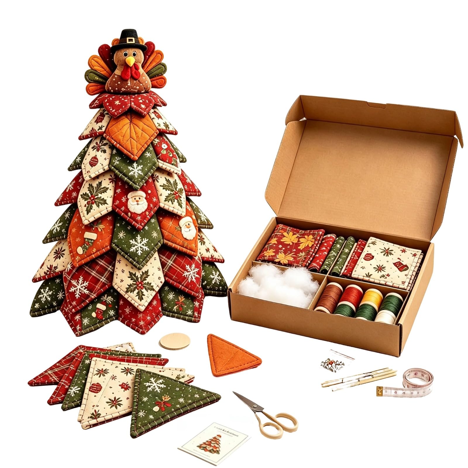 DIY Christmas Quilted Fabric Tree Kit,3D Patchwork Sewing Set