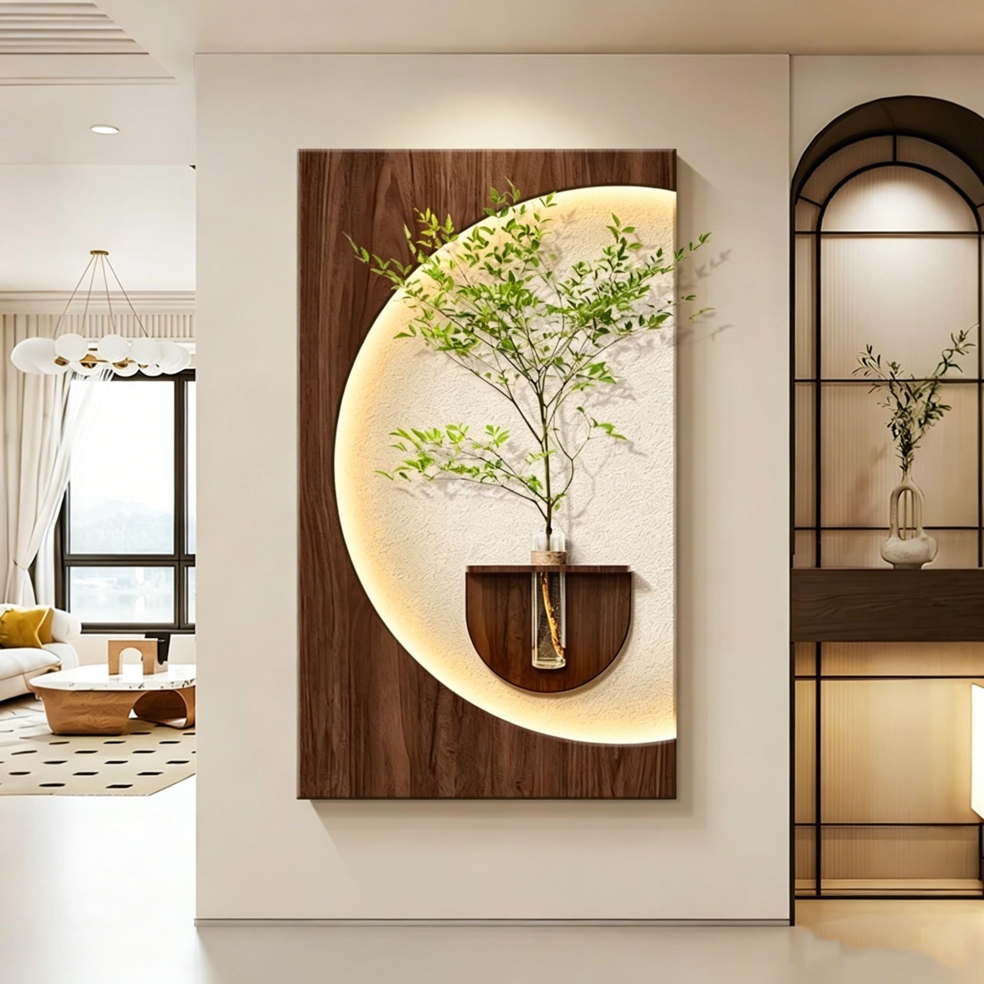 OEPCHEFACX Sandstone Wall Art Decor with Glass Vase and LED Backlight, Modern Textured Frameless Sculptures Mural for Living Room, Hallway, Entryway,Plug-in Power(C,50x87cm/19.7"x34.3")