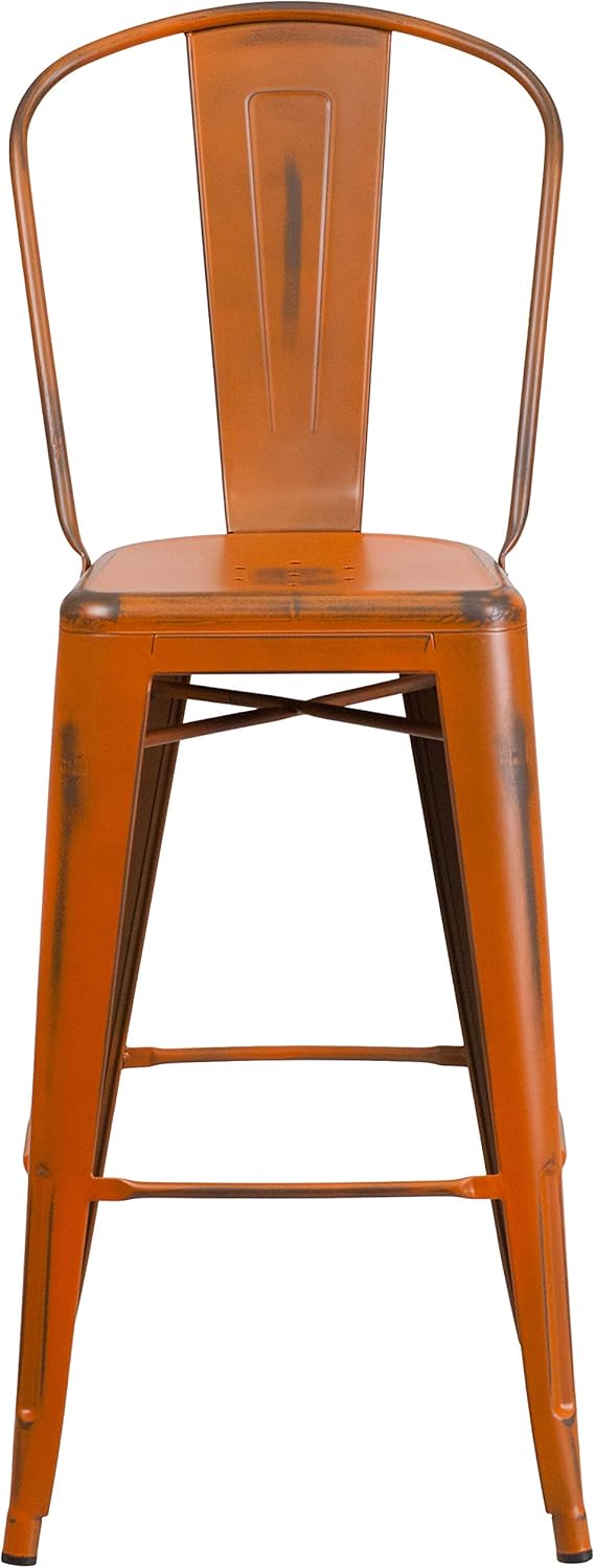 EMMA + OLIVER 4 Pack 30" High Distressed Orange Metal Indoor-Outdoor Barstool with Back