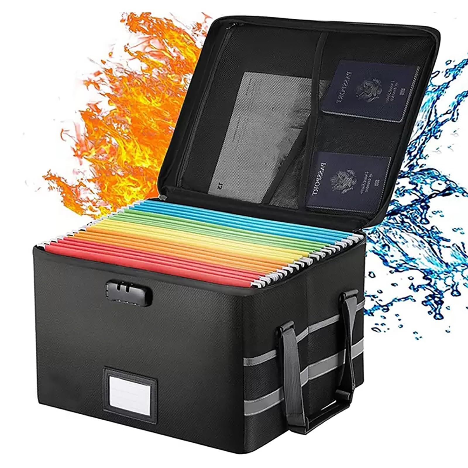 Boîte à Documents Ignifuge - Verrou à Code - Pliable 40x31x25.4cm - Protection Feu Et Eau