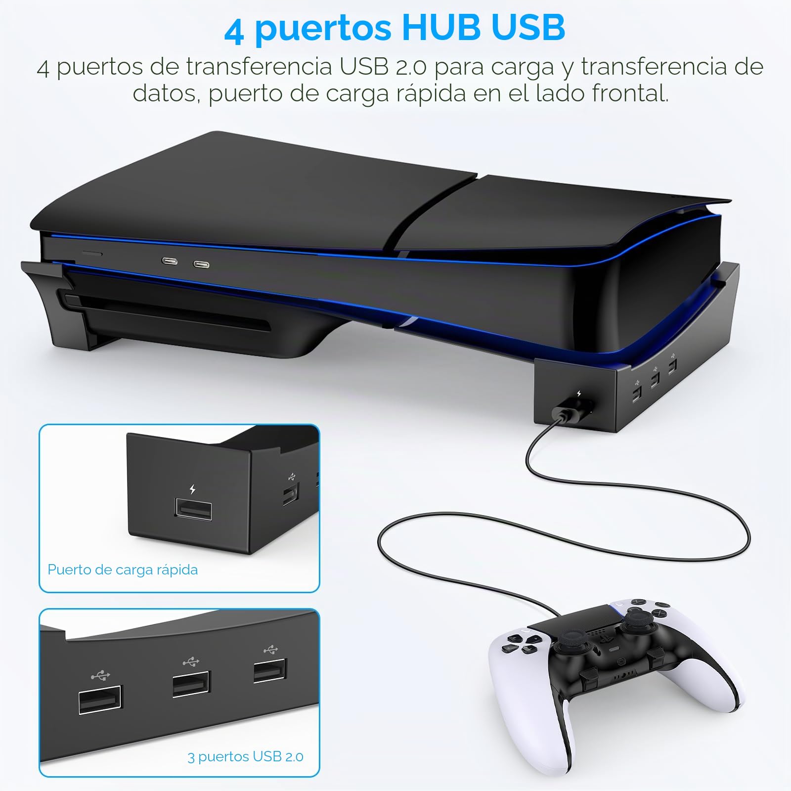 KOVA Soporte horizontal para consola PS5 con hub USB de 4 puertos, soporte base para accesorios PlayStation 5, patín para disco delgado y carga de controlador de edición digital (negro)