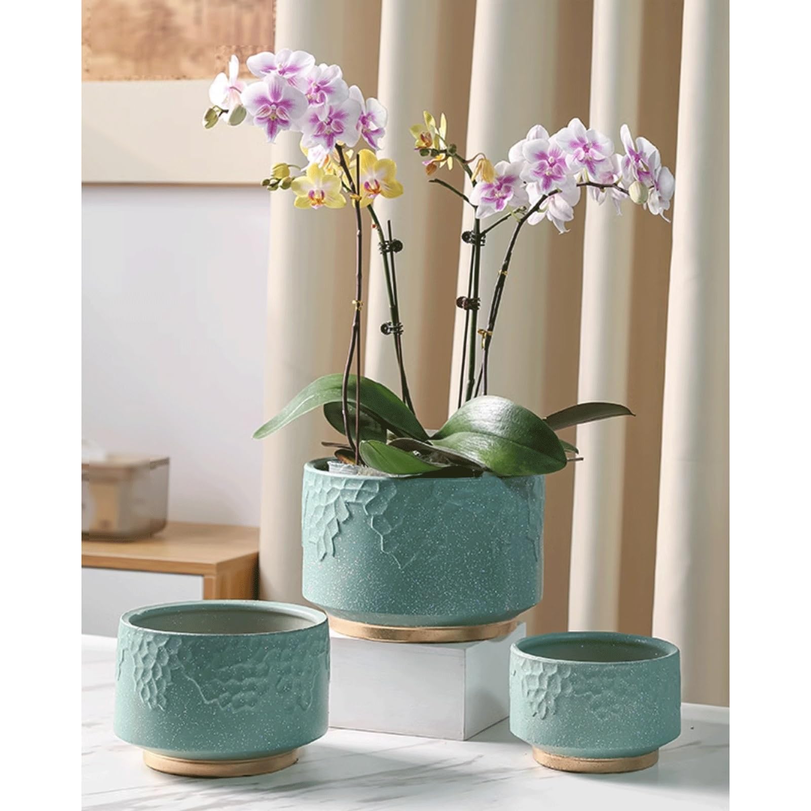 Dekoracyjna ceramiczna doniczka na kwiaty, nowoczesna glazurowana doniczka z otworem drenażowym i spodkiem, nordycka prosta donica na sukulenty, storczyki, zioła, kaktusy, patio (czarna, L)