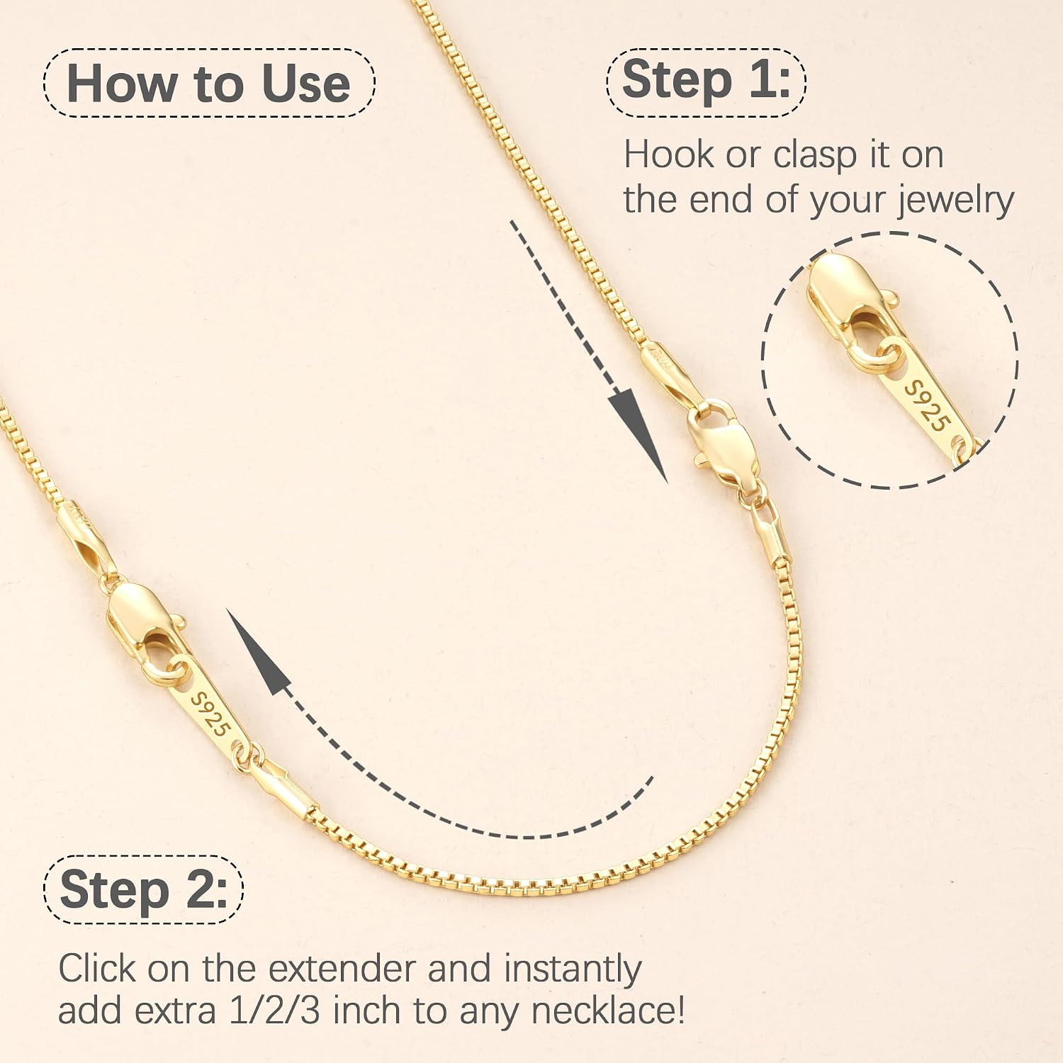 Jewlpire 14k Gold Plated Necklace Extender for Women, Box Chain Extenders for Necklaces, Jewelry Extenders for Necklaces Bracelets Anklets 3 Piece (1", 2", 3")