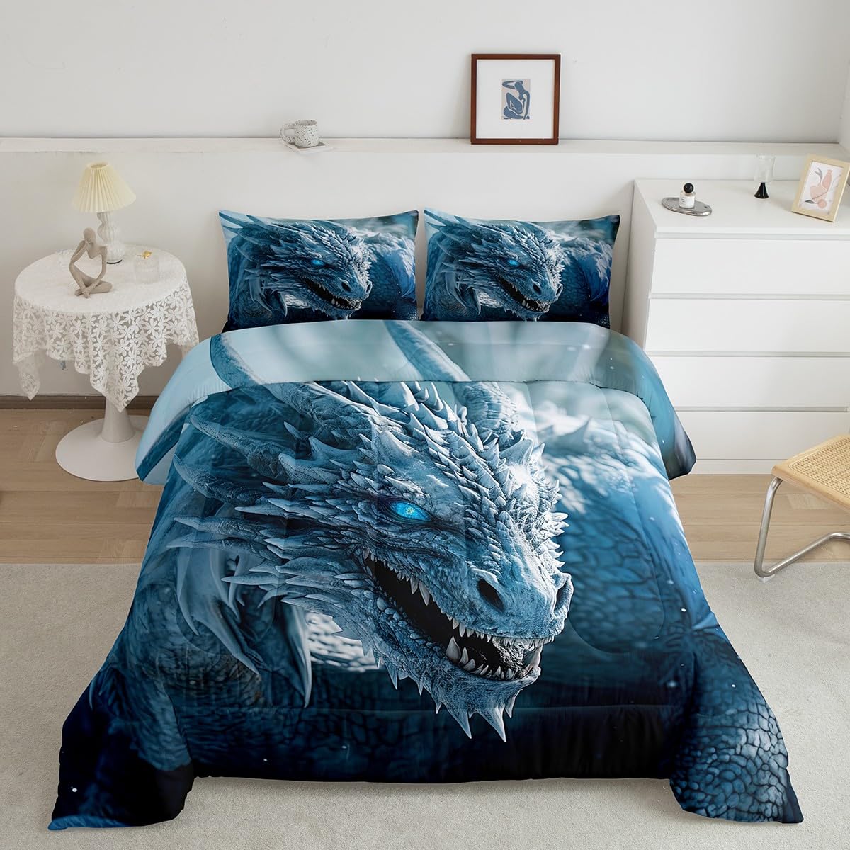 Erosebridal 3D Ice Dragon Bedding Comforter Set Queen Size for Boys - Mysterious Wildlife Style Quilted Duvet With 2 Pillowcases