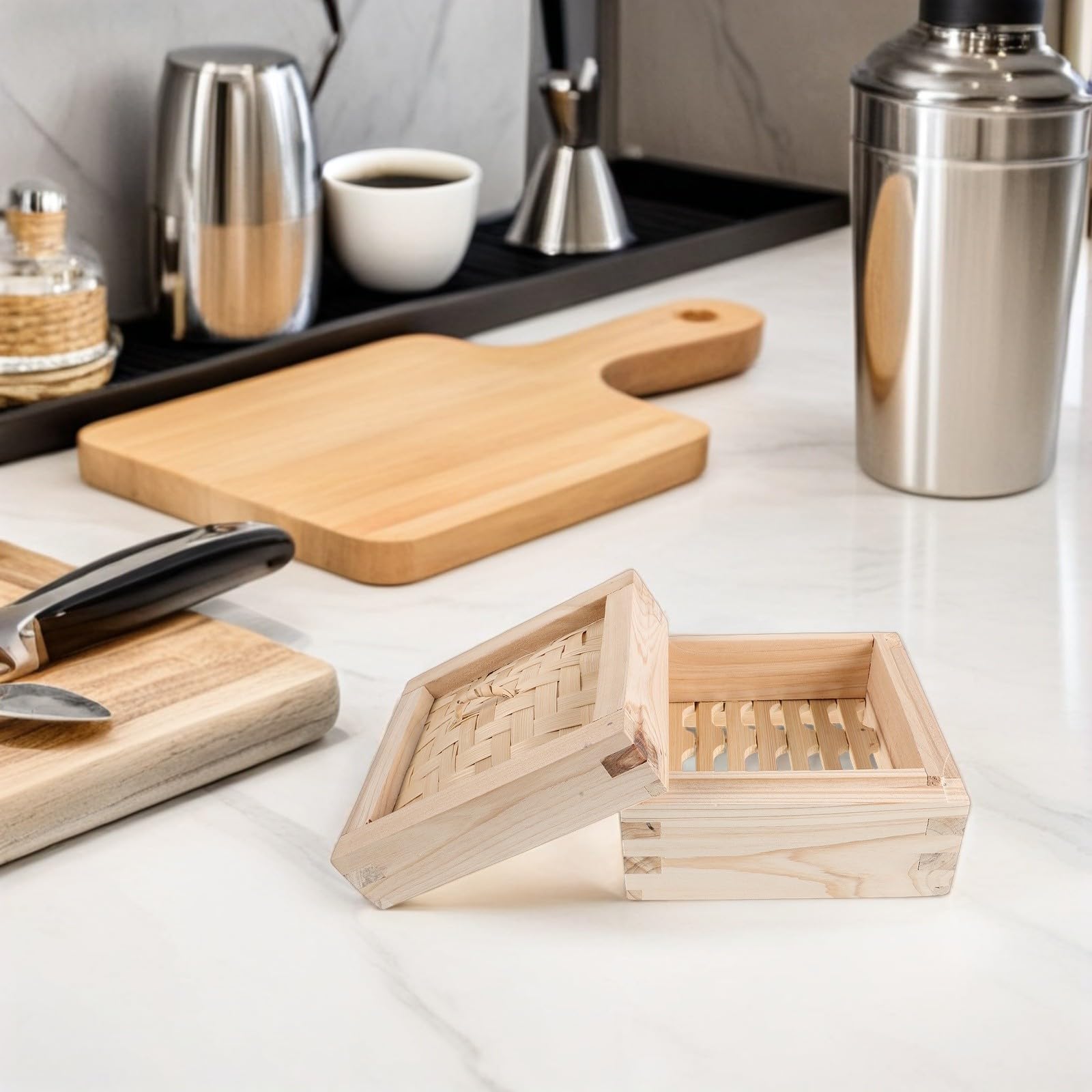 Cesta Vaporera de Madera Beige 15cm con Tapa para Jiaozi