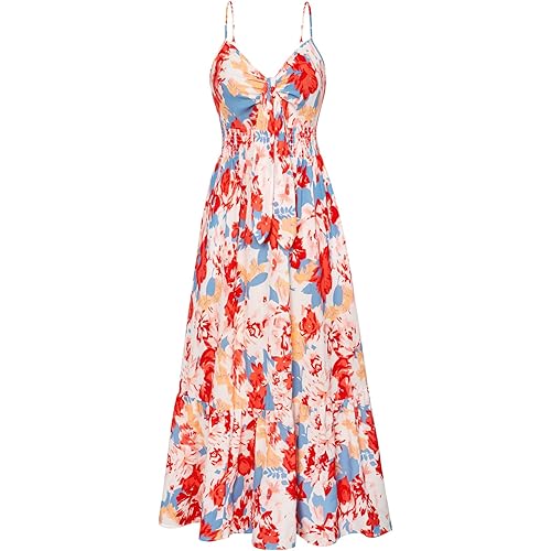 GRACE KARIN Women's 2024 Summer Beach Dress Floral V Neck Tie Front Spaghetti Strap Flowy Long Dress Boho Maxi Dress