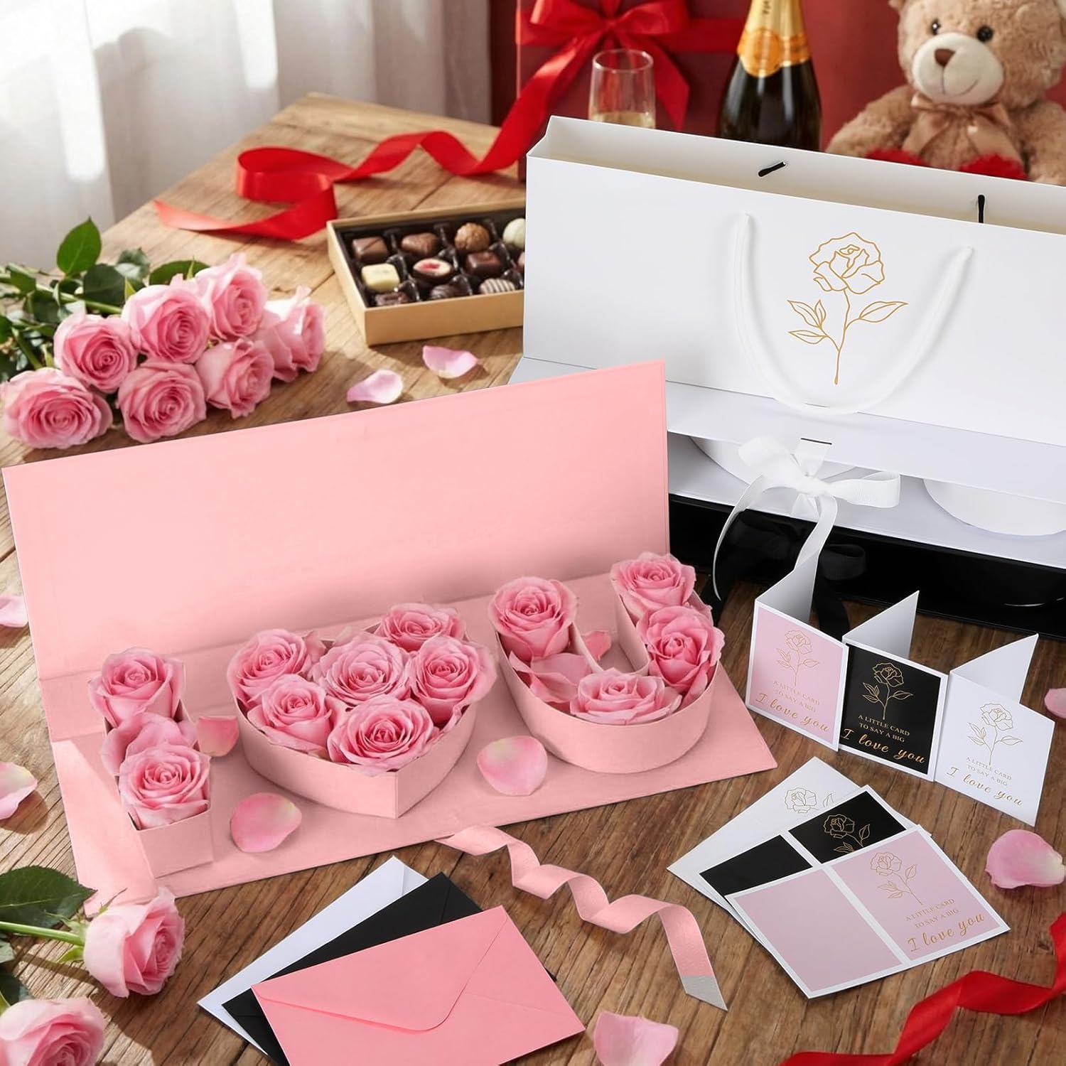 Tosstuki 12 Set Mother's Day Empty I Love U Flower Box Cardboard Letter Shaped Fillable I Heart U Gift Box for Mother's Day Wedding Rose Bouquet(White，black，pink)