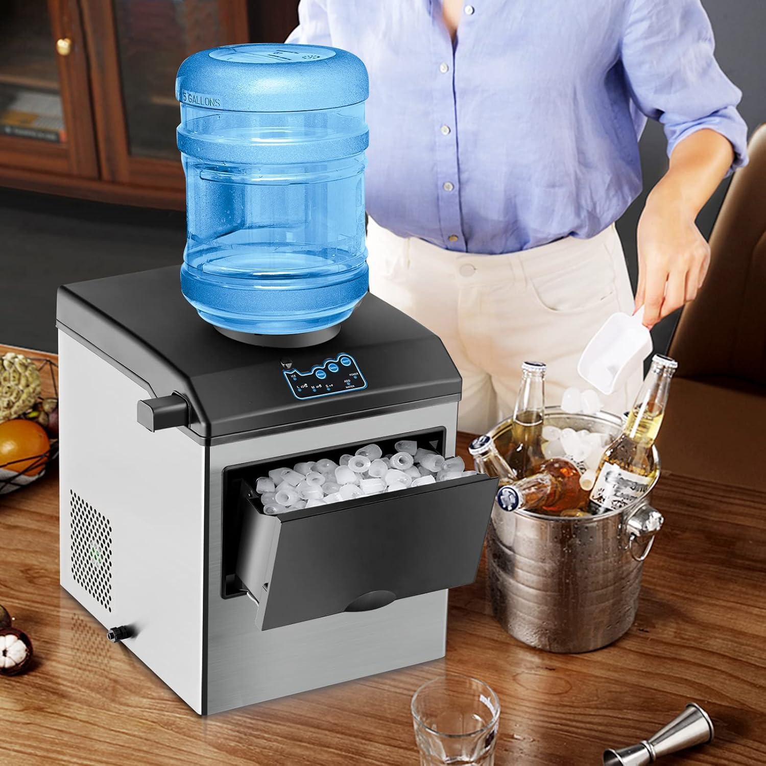 Macchina per il produttore di ghiaccio 48LBS Daily Ice in 8 minuti Distributore di acqua fredda in acciaio senza insalate Auto-Piene per Home Office Bar Par Quick Freeze Efficiente Cestino di sto incl