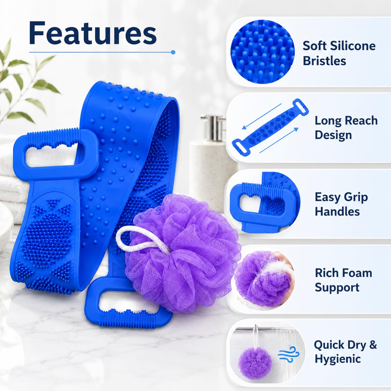 Everwood Silicone Bath Belt Body Scrubber with Soft Mesh Pouf | Long Handle Back Scrubber for Men & Women | Deep Cleansing Exfoliating Bath Brush | Quick Dry & Hygienic | Blue & Purple 2