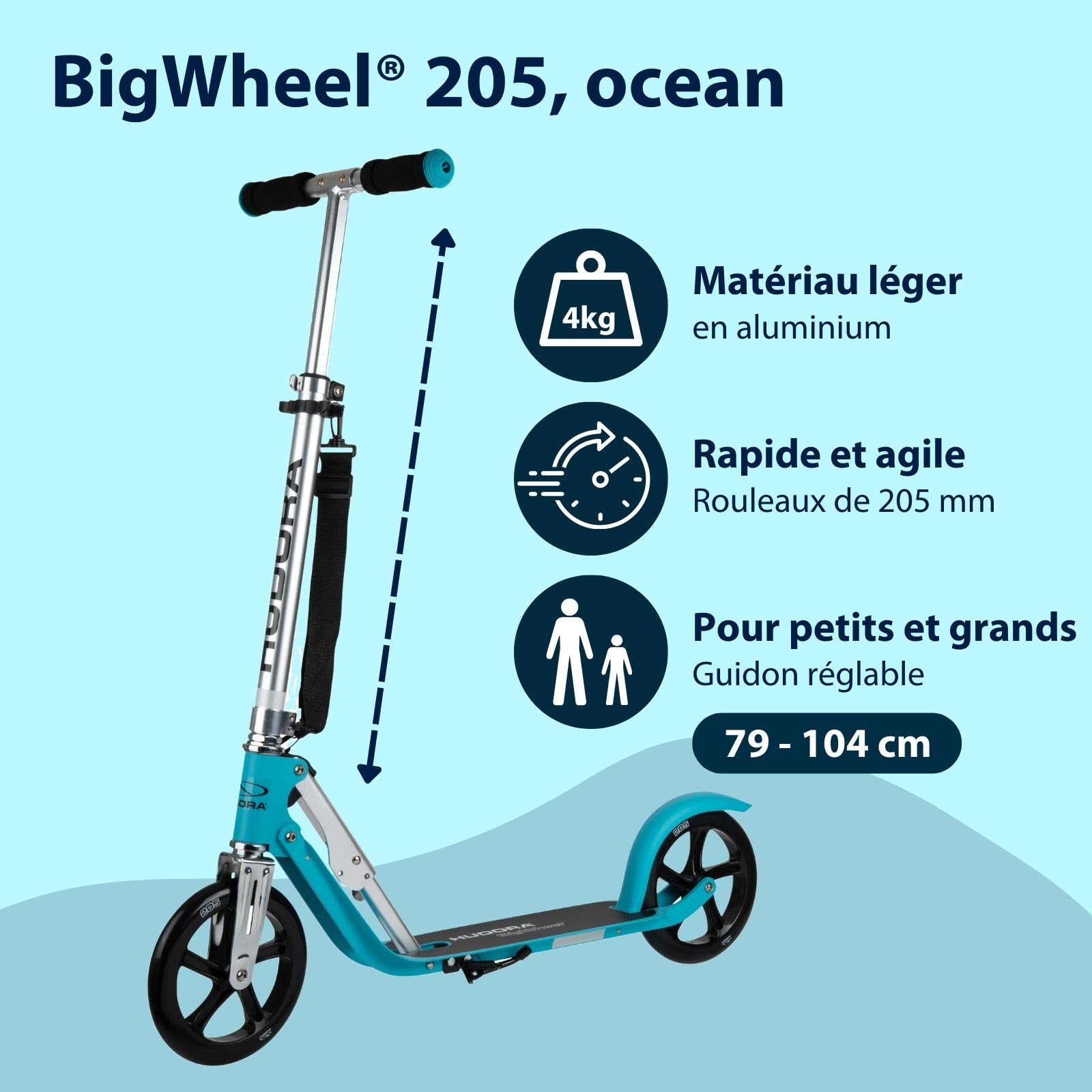 HUDORA BigWheel Scooter 205 Trottinette de Ville Stable en Aluminium réglable en Hauteur et Pliable pour Enfants et Adultes jusqu'à 100 kg avec Support