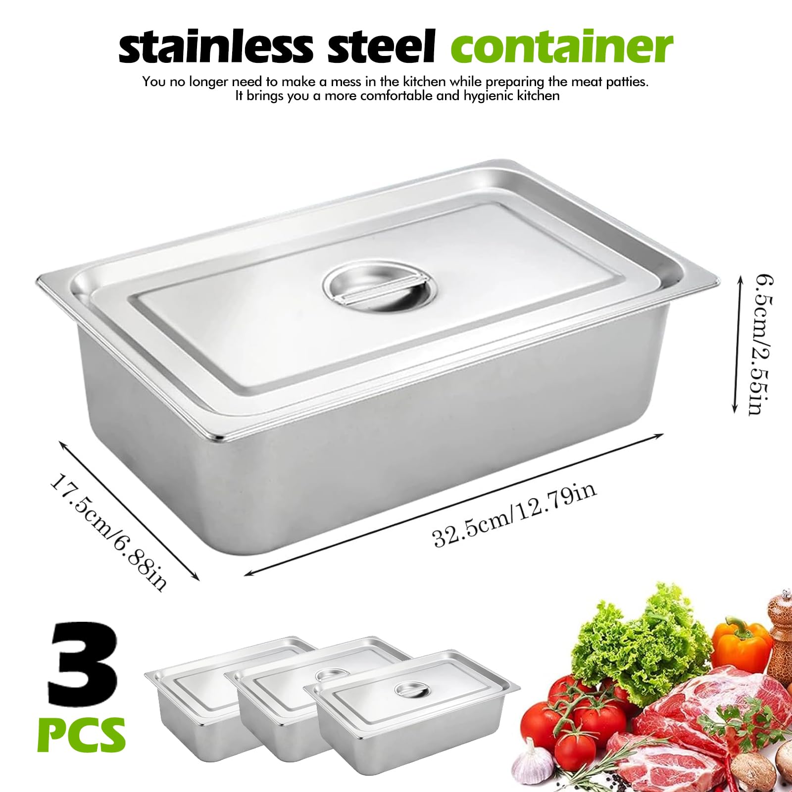 PORFOYO Juego de 3 recipientes gastronorm de acero inoxidable para empanar con tapa, calles de empanado rectangulares, recipientes para la cocina, apilables (GN 1/3, recipiente 32,5 x 17,5 x 6,5 cm)