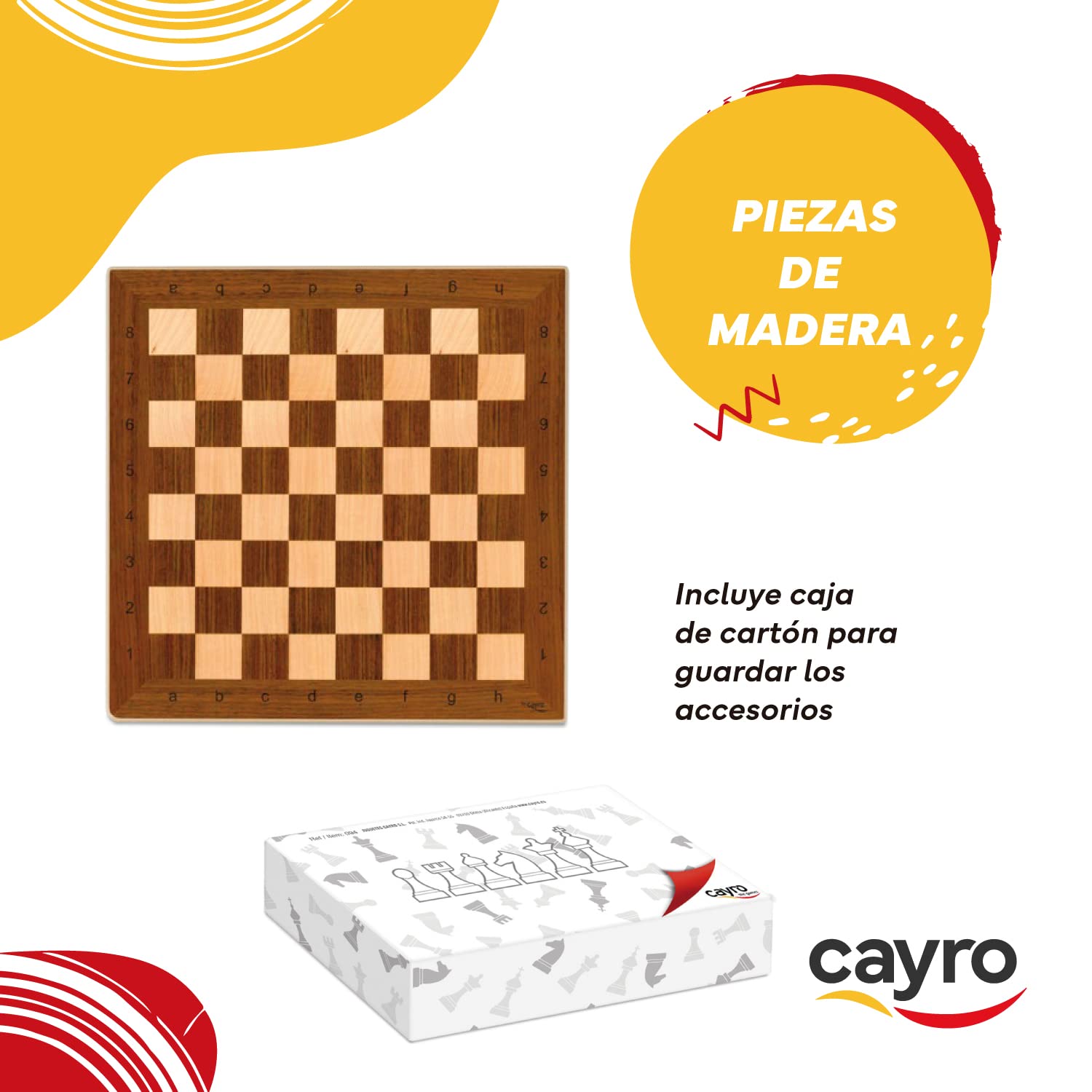 Cayro - Échecs et Dames - + 5 Ans - Plateau en Bois - Jeu de Société Double Classique - Enfants et Adultes - avec 48 pièces en 2 Couleurs - pour 2 Joueurs