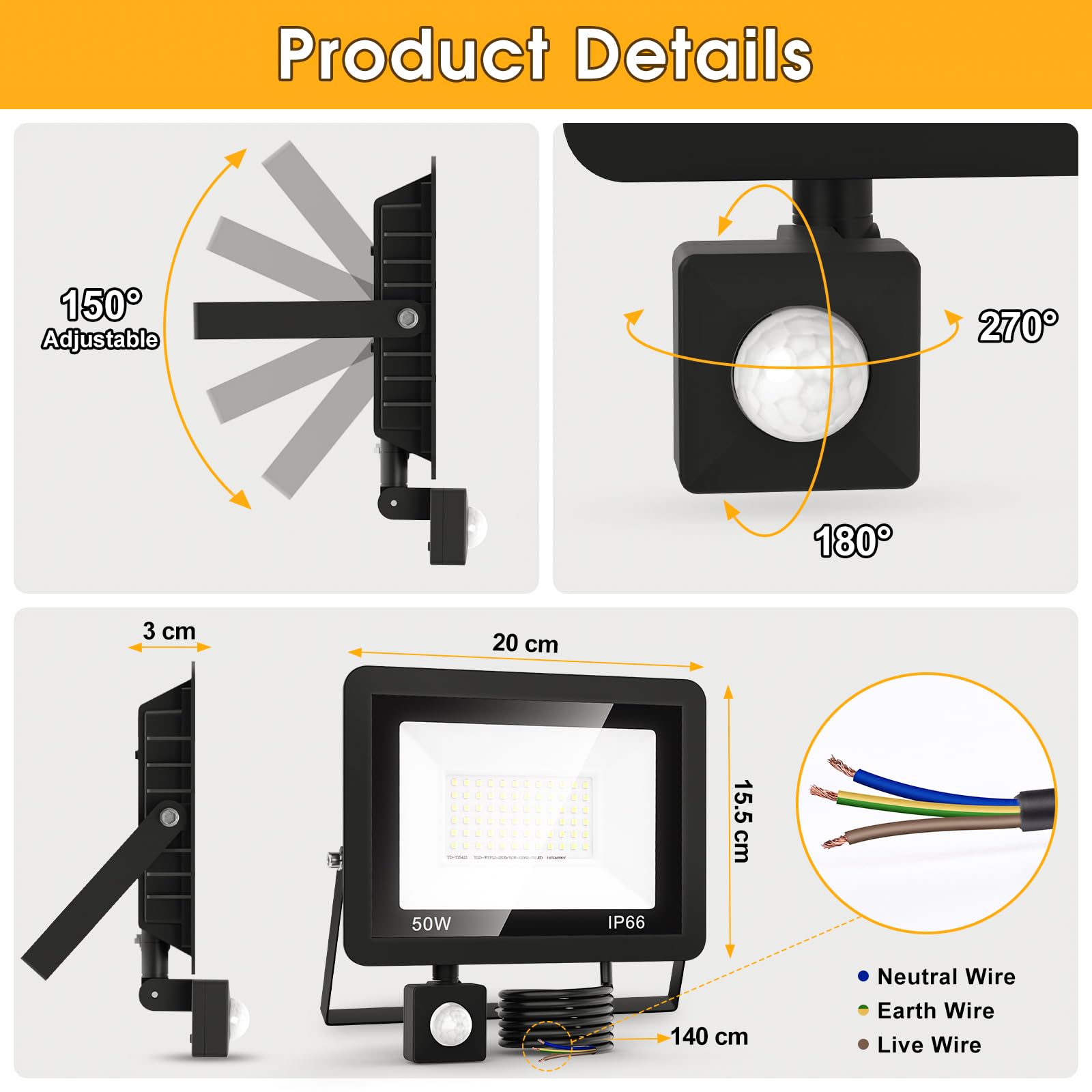 Czujnik ruchu na zewnątrz - 30 W Pir LED Floodlight Zewnętrzne światło Ręce zasilane - Zewnętrzne oświetlenie powodziowe i punktowe Wodoodporne oświetlenie zewnętrzne Spotlight Garden Garaż Wykrywacz