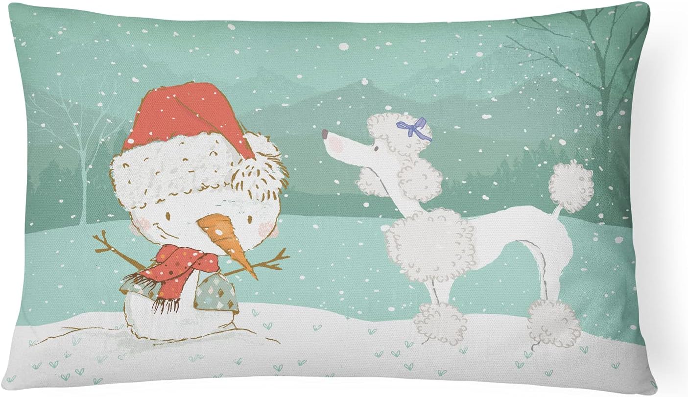 Caroline's Treasures CK2067PW1216 White Poodle Snowman Christmas Canvas Fabric Decorative Pillow Machine Washable, Indoor Outdoor Decorative Pillow for Couch, Bed or Patio, 12HX16W