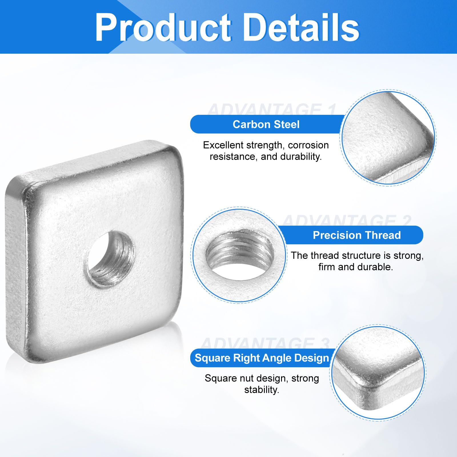 sourcing map 100 dadi quadrati M6 x 20 mm x 5 mm, in acciaio al carbonio zincato, filettatura grossa, dadi di fissaggio per riparazioni domestiche e ingegneria professionale, argento