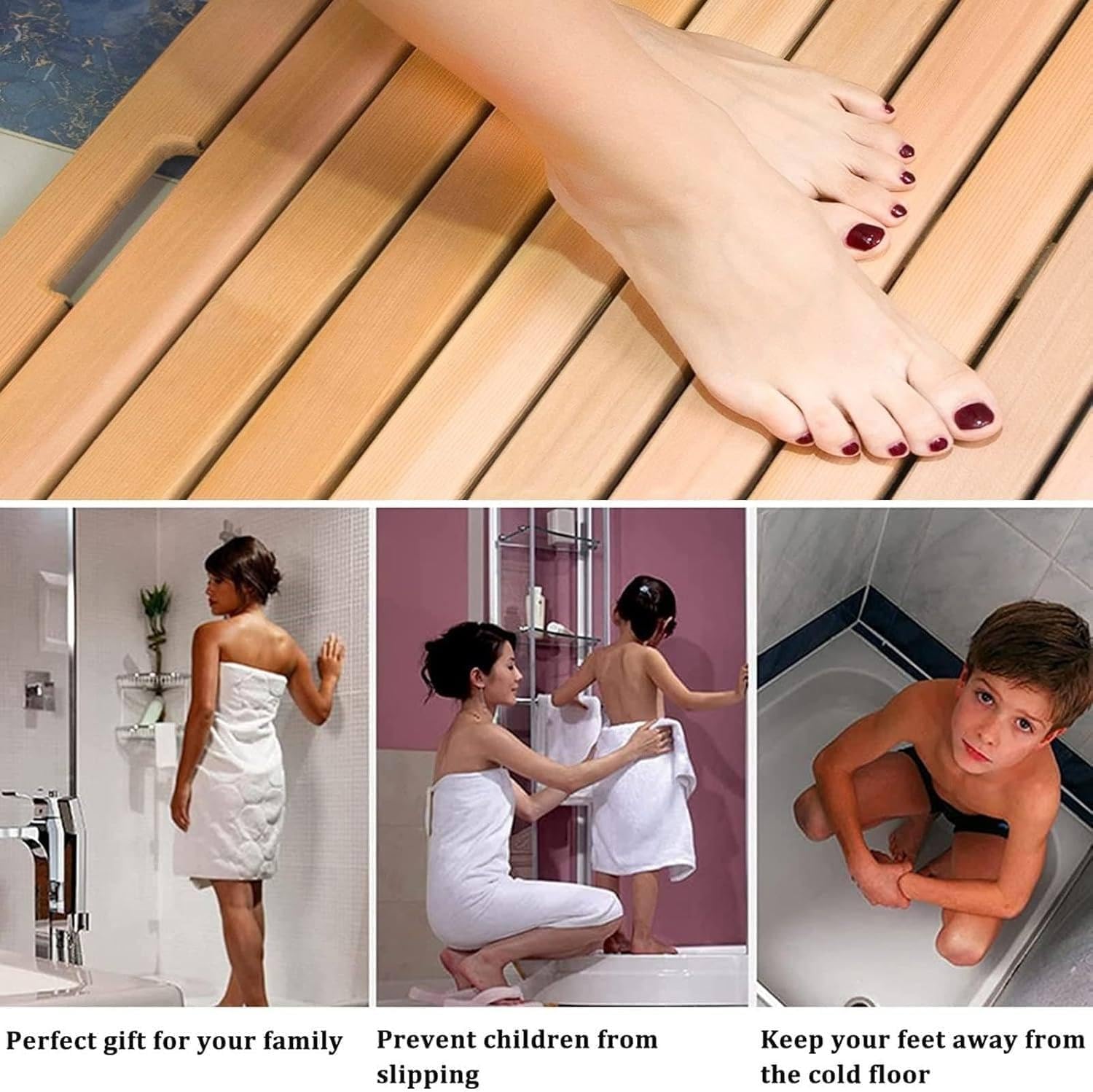 Alfombrilla de ducha de madera natural, tabla de drenaje de baño antigrietas, almohadilla antideslizante para ducha, balcón y puerta, tamaño personalizado (61 x 71 cm)