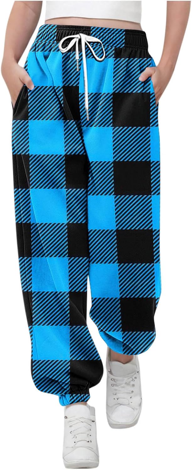 Girls Plaid Casual Sweatpants Comfy Elastic Waist Drawstring Kids Baggy Joggers Pants with Pockets Size 3-14 Years