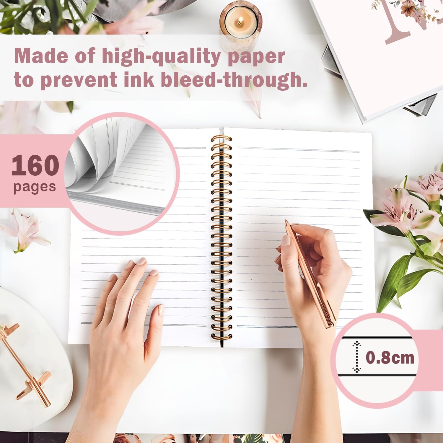 Lacama Pink Monogram M Notebook Journal, Aesthetic Wildflower Personalized Spiral Notebook, Customized Monogrammed Gifts, Birthday Gifts for Women, School Supplies, Office Supplies 5.5x8.3 - Image 6