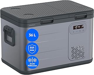 MEDION mobile elektrische Kompressor Kühlbox (36L Kapazität, Duale Kühlzonen, 12V 24V 230V, KFZ Adapter, für Auto LKW Wohnwagen Camping Boot Garten Festival, Aluminium Design, MD370026)