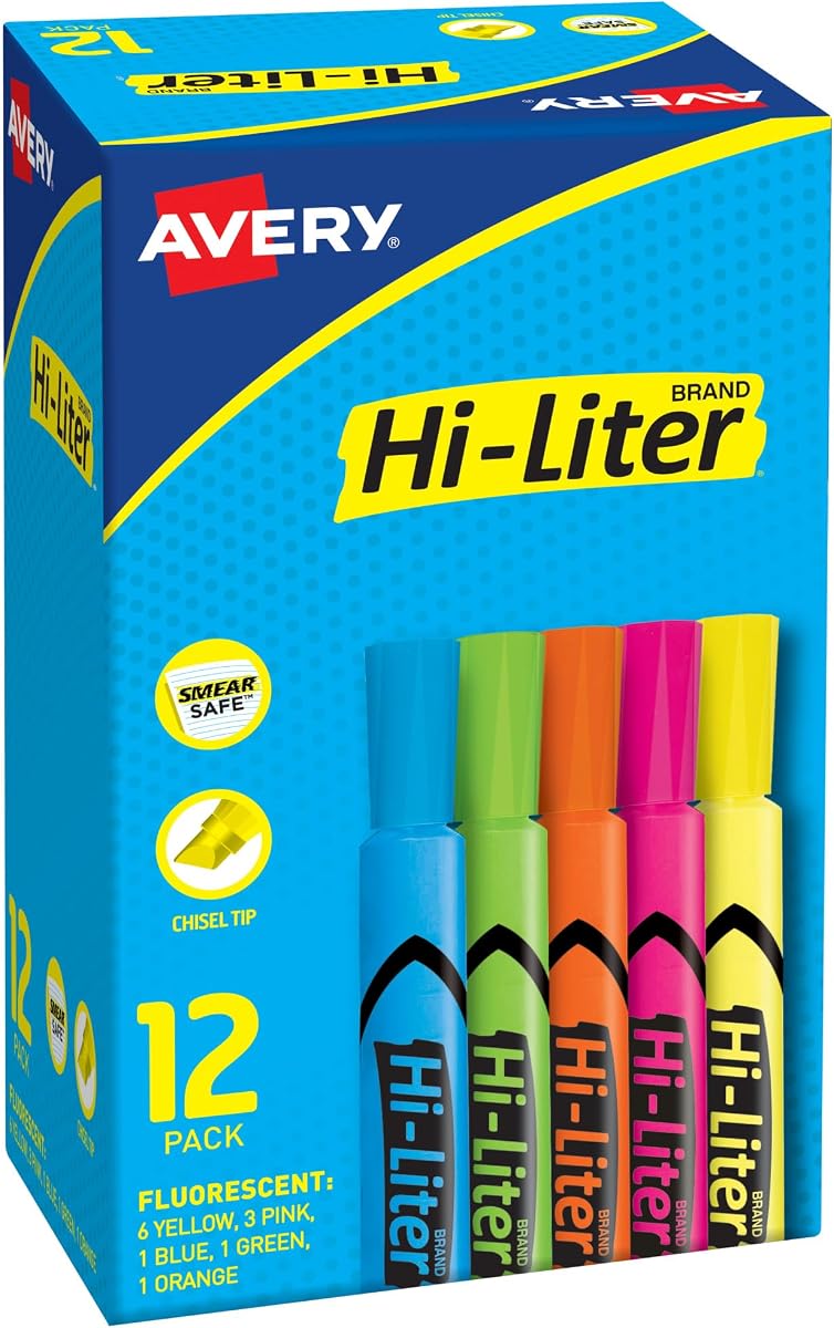 Avery Hi-Liter Desk-Style Highlighters, Smear Safe Ink, Chisel Tip is great for sketch book art, 12 Assorted Colors (98034)