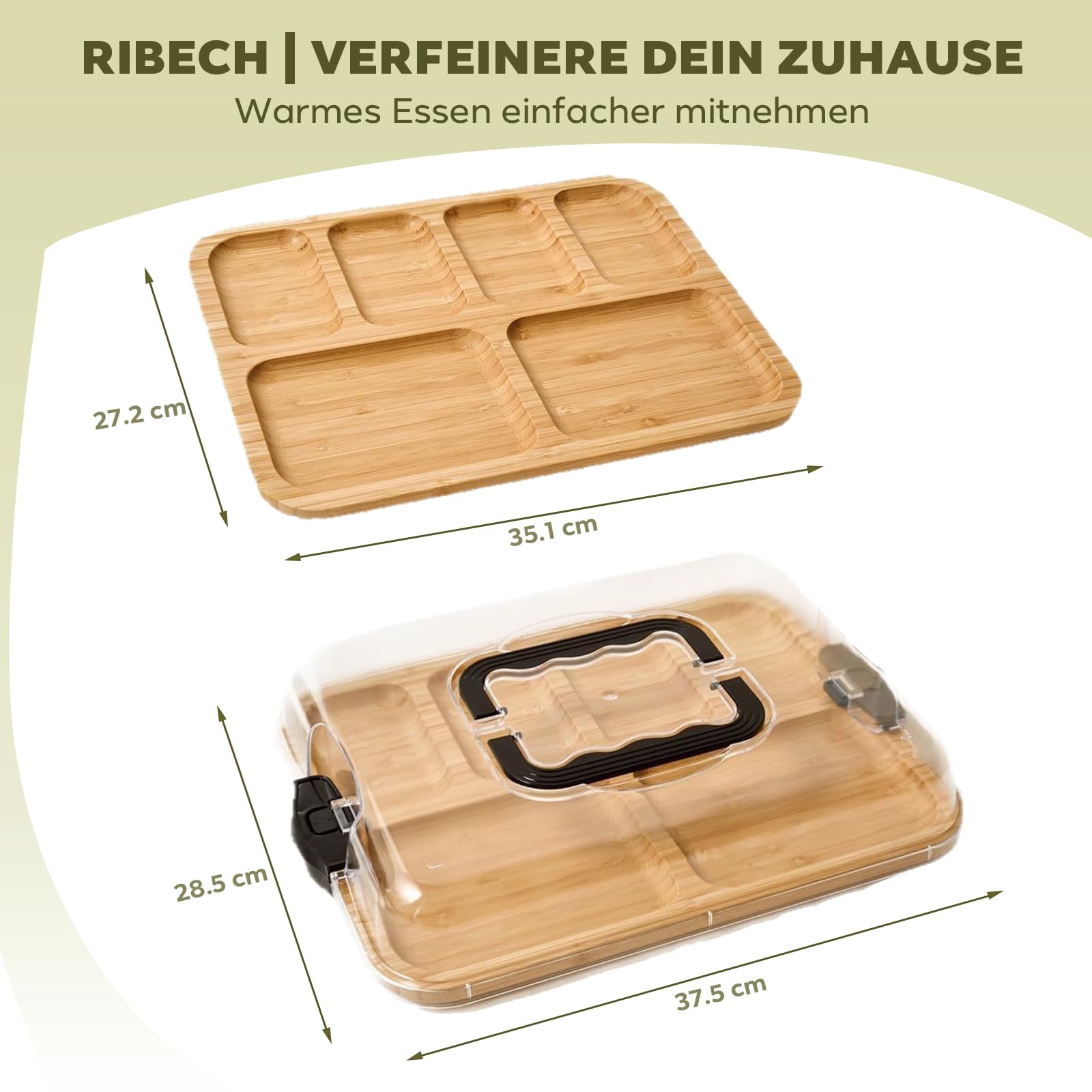 Bambus Käseplatte Charcuterie Board mit Deckel – Tragbares Käsebrett mit 6 Fächern, Holzbrett mit Käseglocke aus PET, Servierplatte für Käse, Wurst & Snacks – Ideal für Picknick, Reise & Brunch