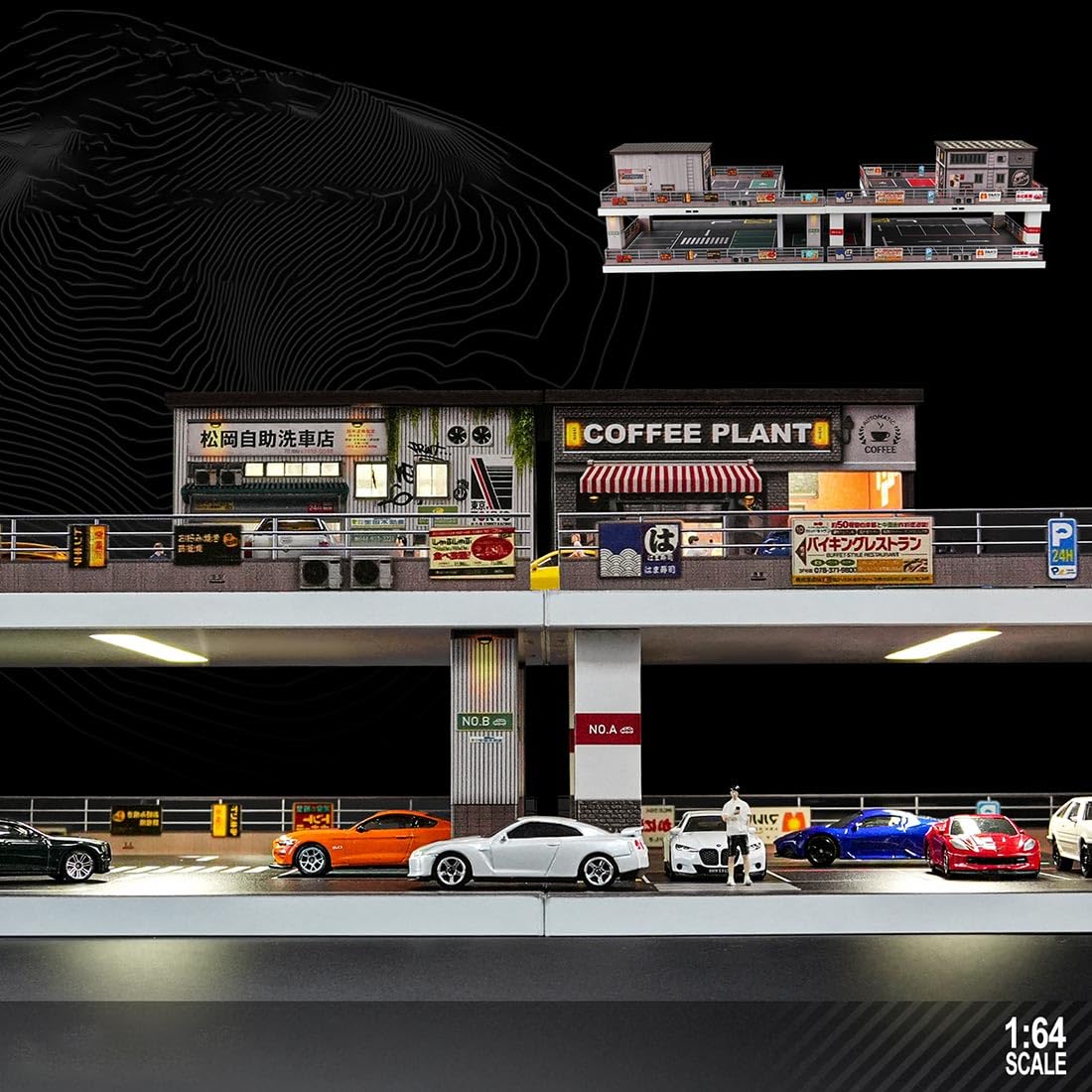 Skala 1/64 parkingu, myjnia samochodowa, model sceniczny ze światełkami, budynek dioramy, miniaturowy domek dla lalek (figurki i modele samochodów nie wchodzą w zakres dostawy)