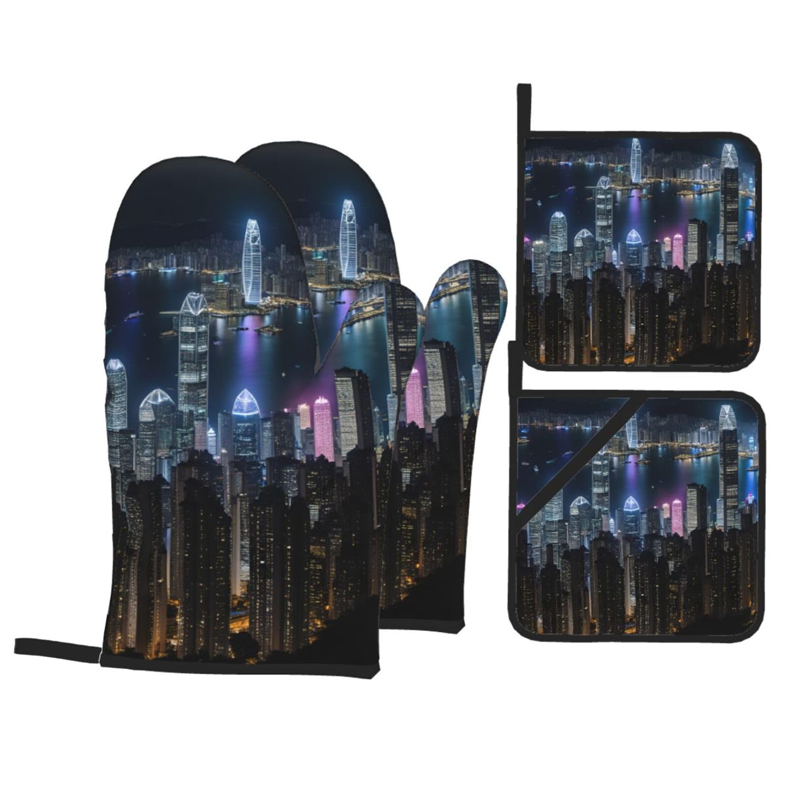 Aerial Night of View Hong Kong Print 4-Piece Oven Microwaving Set Waterproof Kitchen Gloves for Baking Grilling Cooking