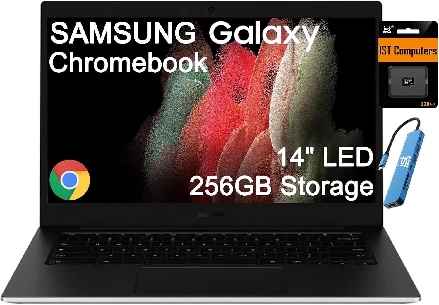 Galaxy Chromebook Go Laptop, 14" LED, Intel Celeron N4500, 4GB RAM | 256GB Storage (128GB eMMC + 128GB SD Card), Home, Students, Spill-Resistant, 12-Hr Long Battery, Webcam, HUB, Chrome OS