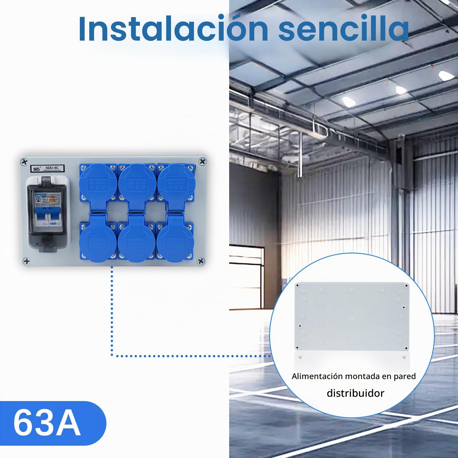 Distribuidor de corriente 16A Distribuidor de energía Distribuidor de pared con interruptor diferencial 1P+N de 63A con 6 tomas (distribuidor 2 polos de 250V) IP54 Estanco