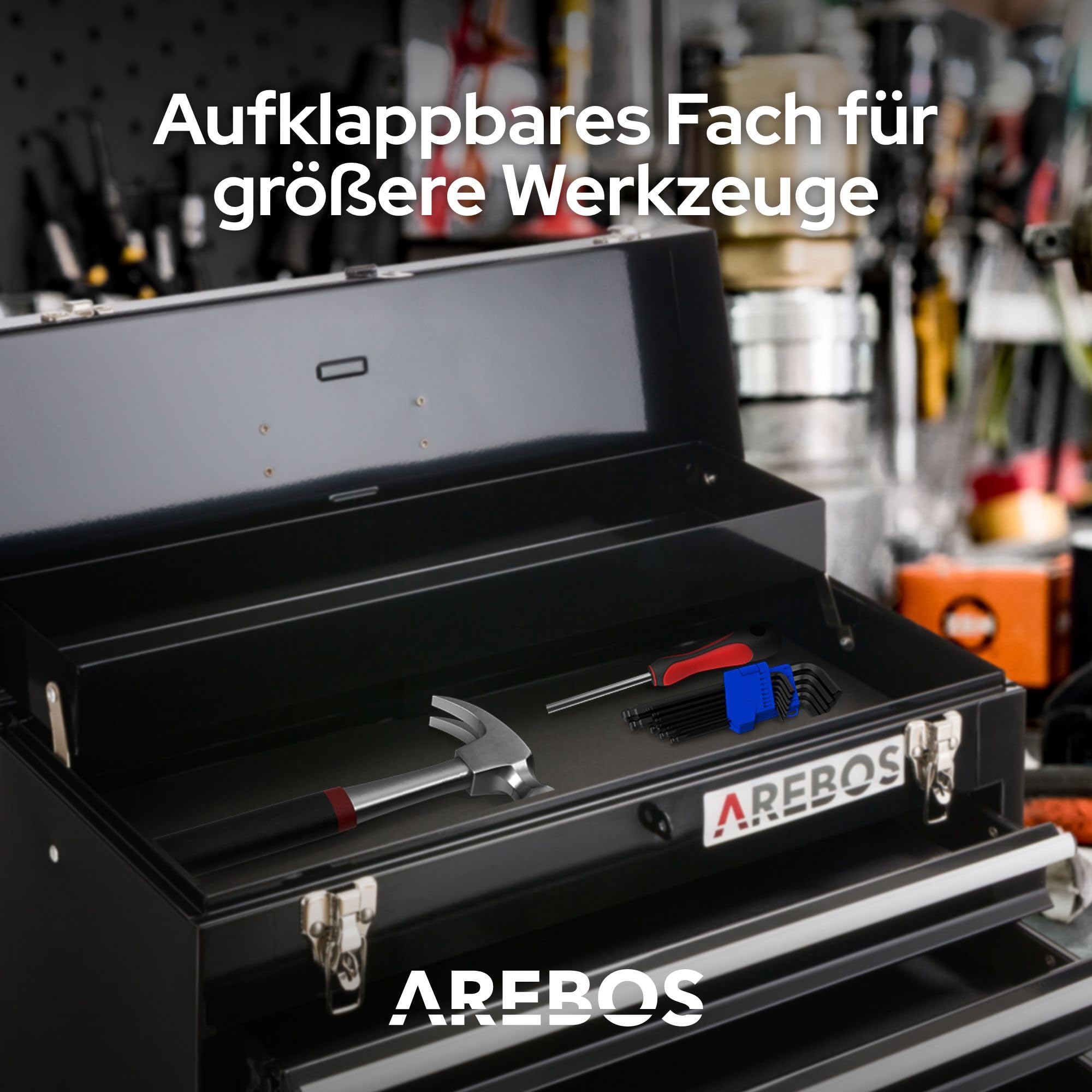 Arebos Werkzeugkoffer mit 3 Schubladen & 2 Ablagefächern 52 x 22 x 30,5 cm | Werkzeugkasten abschließbar | Werkzeugbox inkl. Tragegriff & Schnappverschlüssen | Antirutschmatten | Schwarz