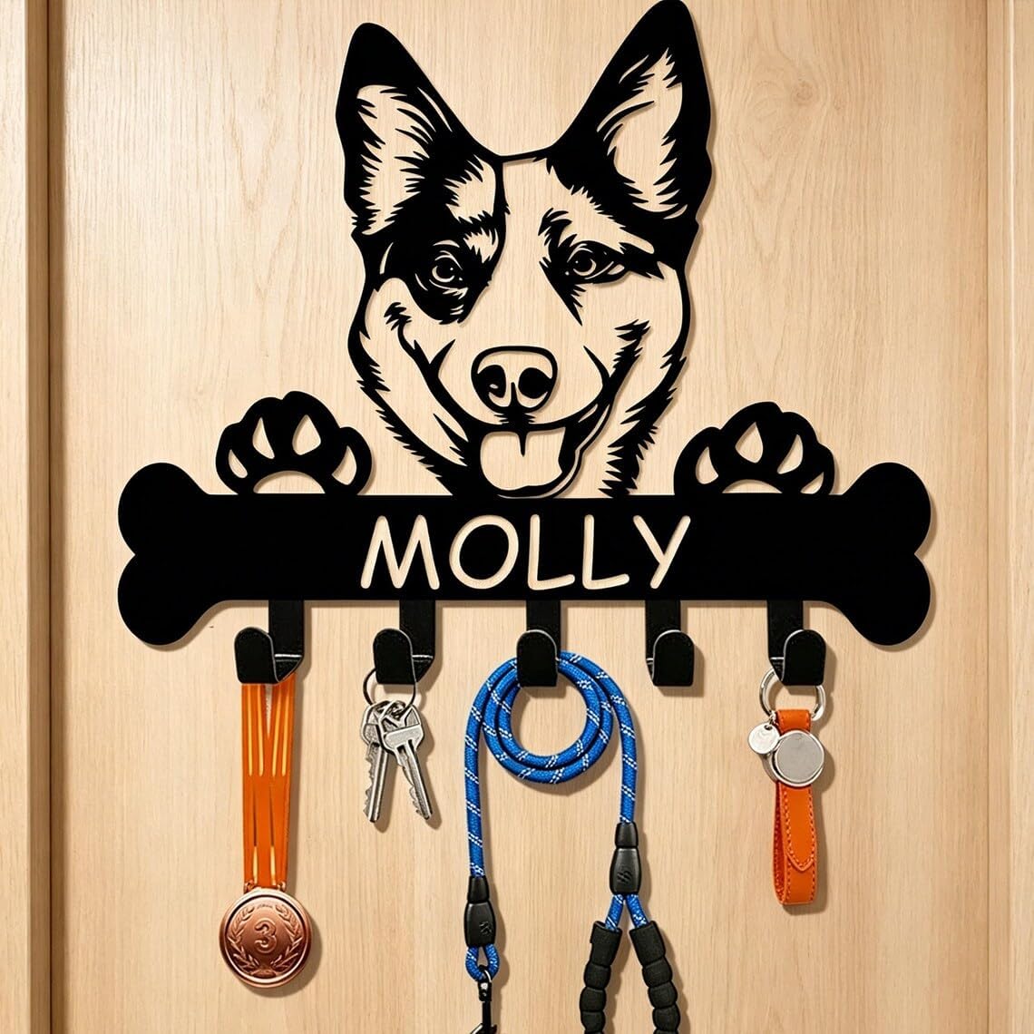 Custom Australian Cattle Dog Leash Holder, Metal Hooks, Key Rack, Key Holder Wall Mount, Entryway Organizer, Mudroom Decor, Coat Rack, Hooks for Hanging, Doorway Decor, New Home Gift
