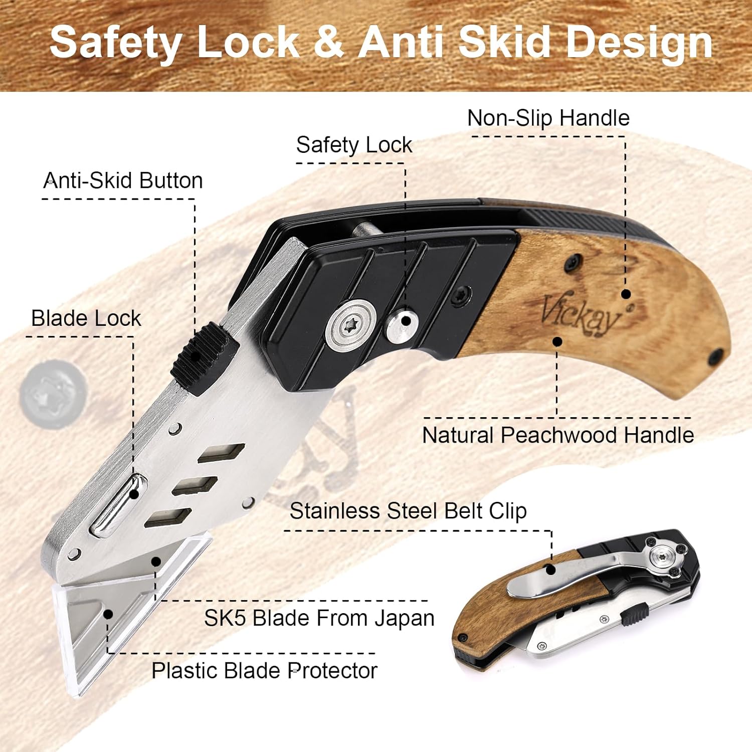 Vickay Utility Knife with Belt Clip, Heavy Duty Box Cutter Knife for Cartons, Cardboard, Carpet and Leather, Razor Knife with Wood Handle and Extra 5 SK5 Blades