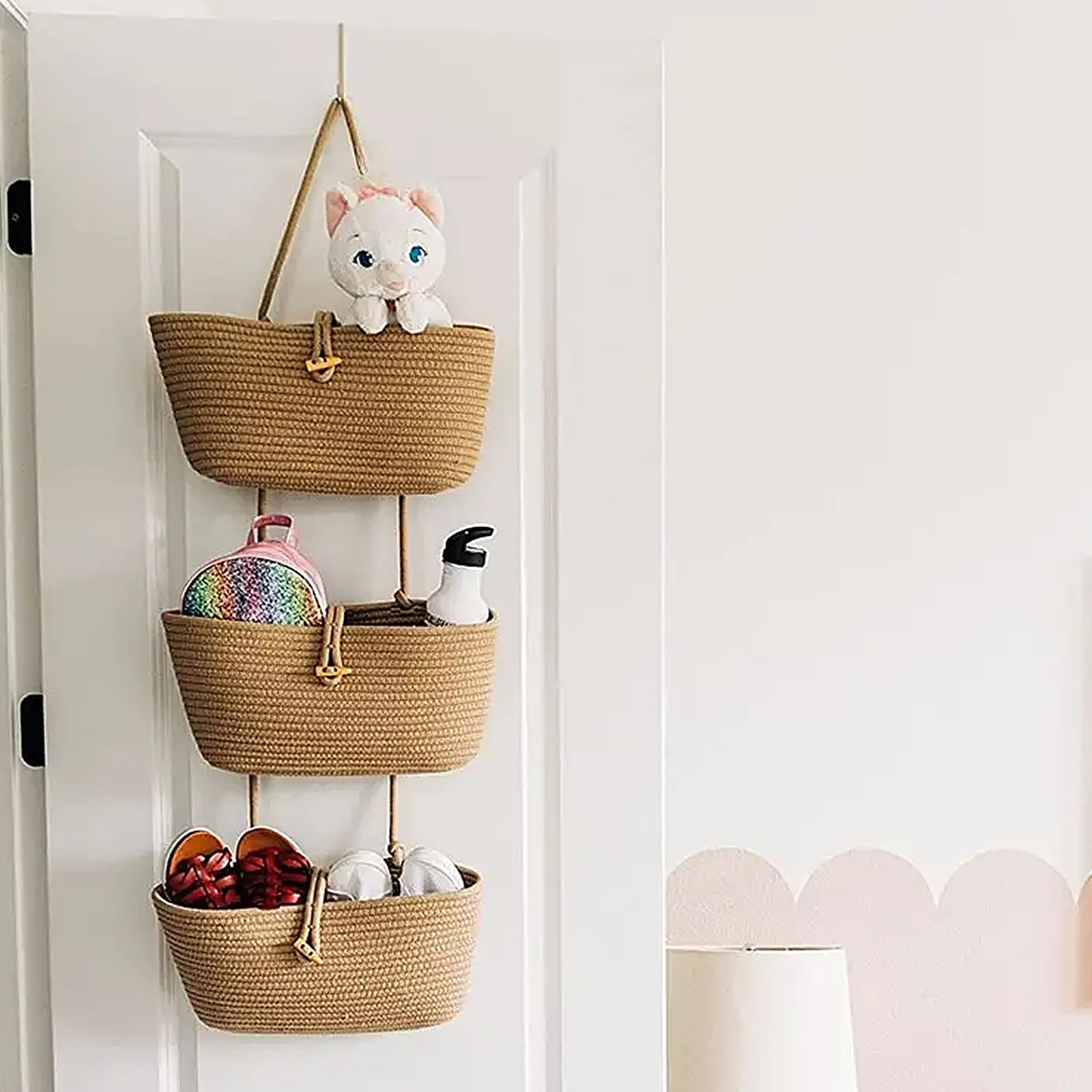 XQZMD Hangorganizer, wandorganizer, 3-traps wandgemonteerde organizer, opbergmanden van katoenen touw, geweven met haken, voor muur, woonkamer, badkamer, keuken en slaapkamer (geel