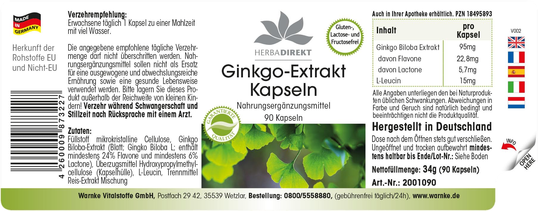 Estratto Ginkgo Biloba capsule 95mg - 90 capsule - almeno 24% di flavoni e almeno 6% di lattoni | HERBADIREKT by Warnke Vitalstoffe - Qualità da farmacia tedesca