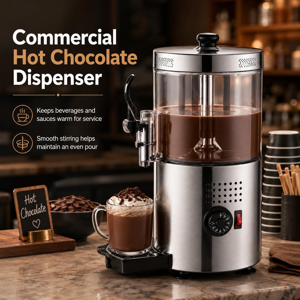 Dispensador Comercial de Chocolate Caliente, Duales Termostatos, Paletas