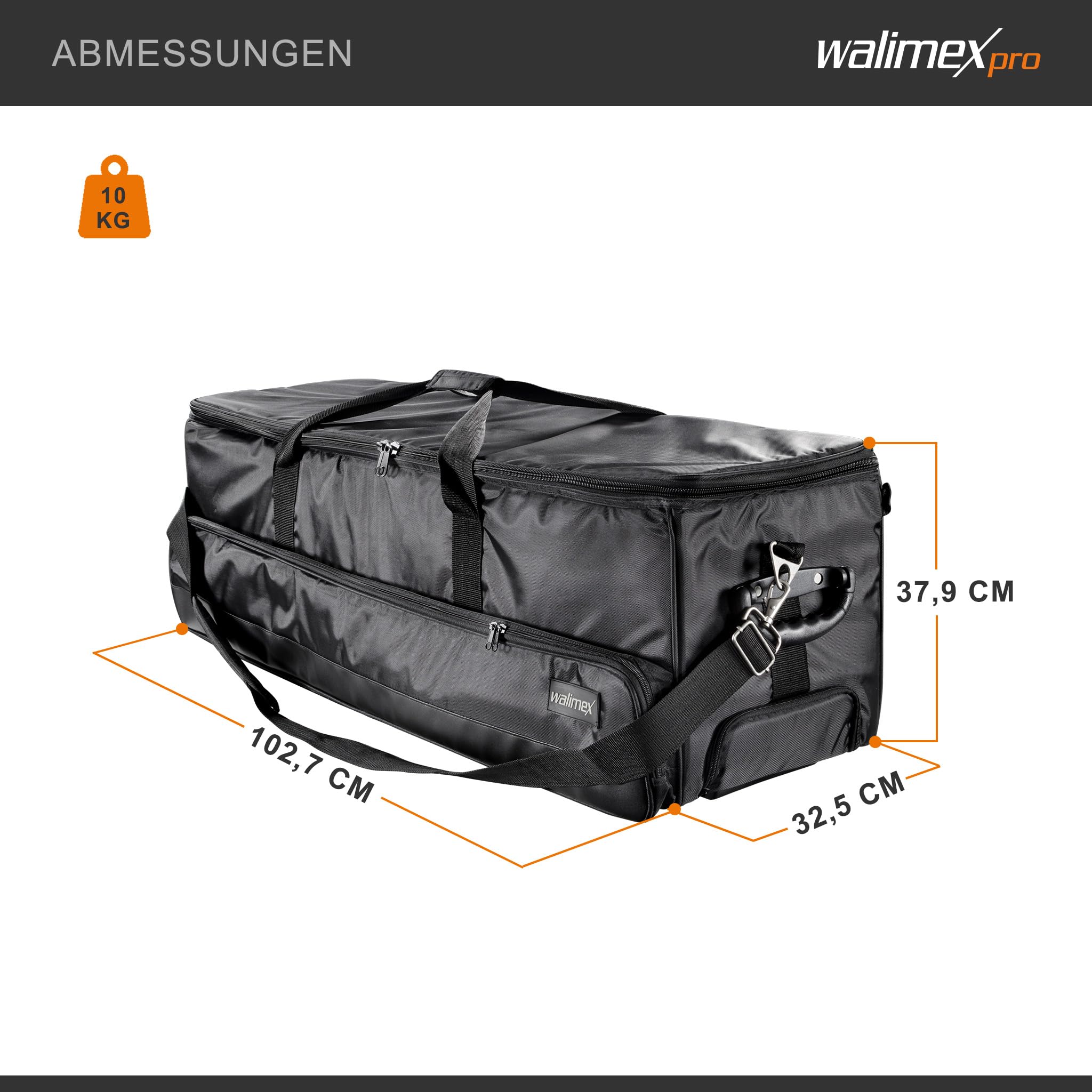 Walimex Pro Studio-Trolley XL – schwarz – 1027 x 379 x 324 mm – inkl. ausziehbaren Trolleygriffs, gepolsterten Schultergurts, variabler Inneneinteilung, Hartgummiräder – Stativtasche, Kameratasche