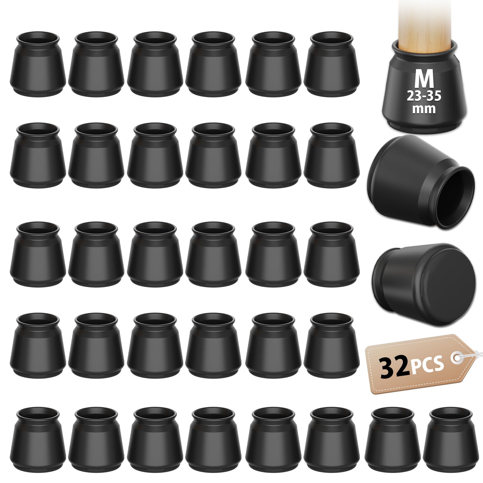 32 Pcs Round Black Chair Leg Floor Protectors, Anti-Scratch Rubber Feet Caps for Chair Table Sofa Legs, Chair foot glide carpet protector, Protect Wooden Floors and Reduce Noise(Fit:23-35mm)